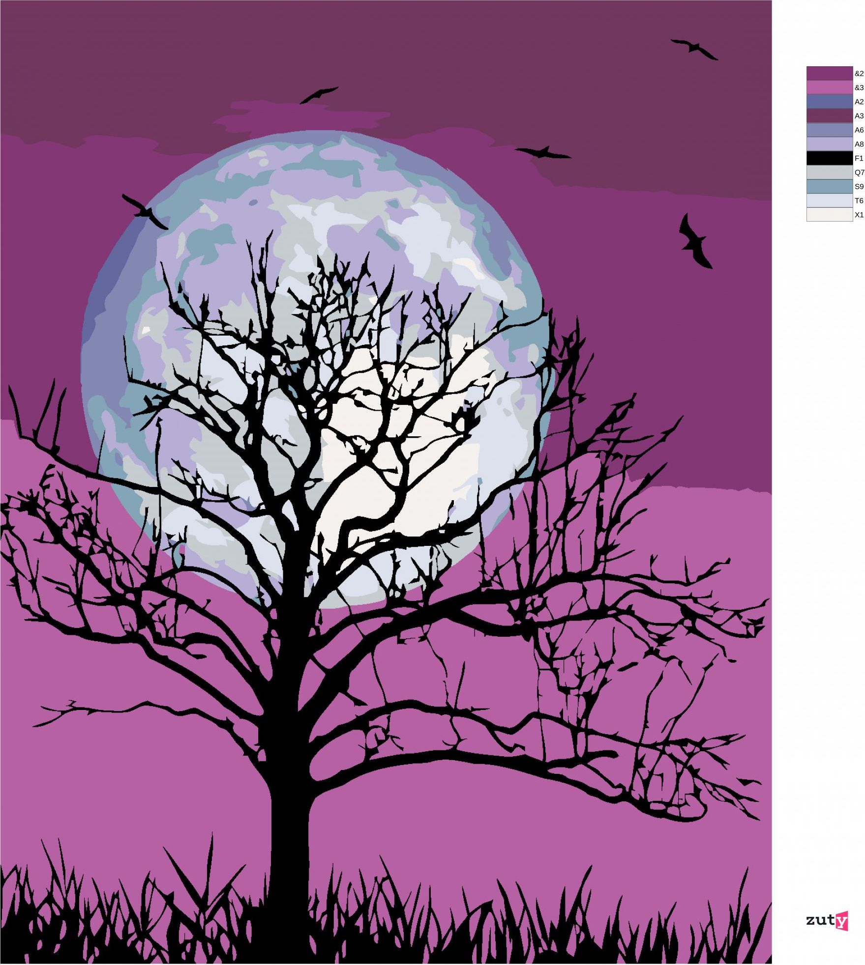 zuty Malování podle čísel - MĚSÍC NA FIALOVÉM NEBI - Rozměr: 40x50 cm, Rámování: Varianta: bez rámu a bez vypnutí plátna - obrázek 3