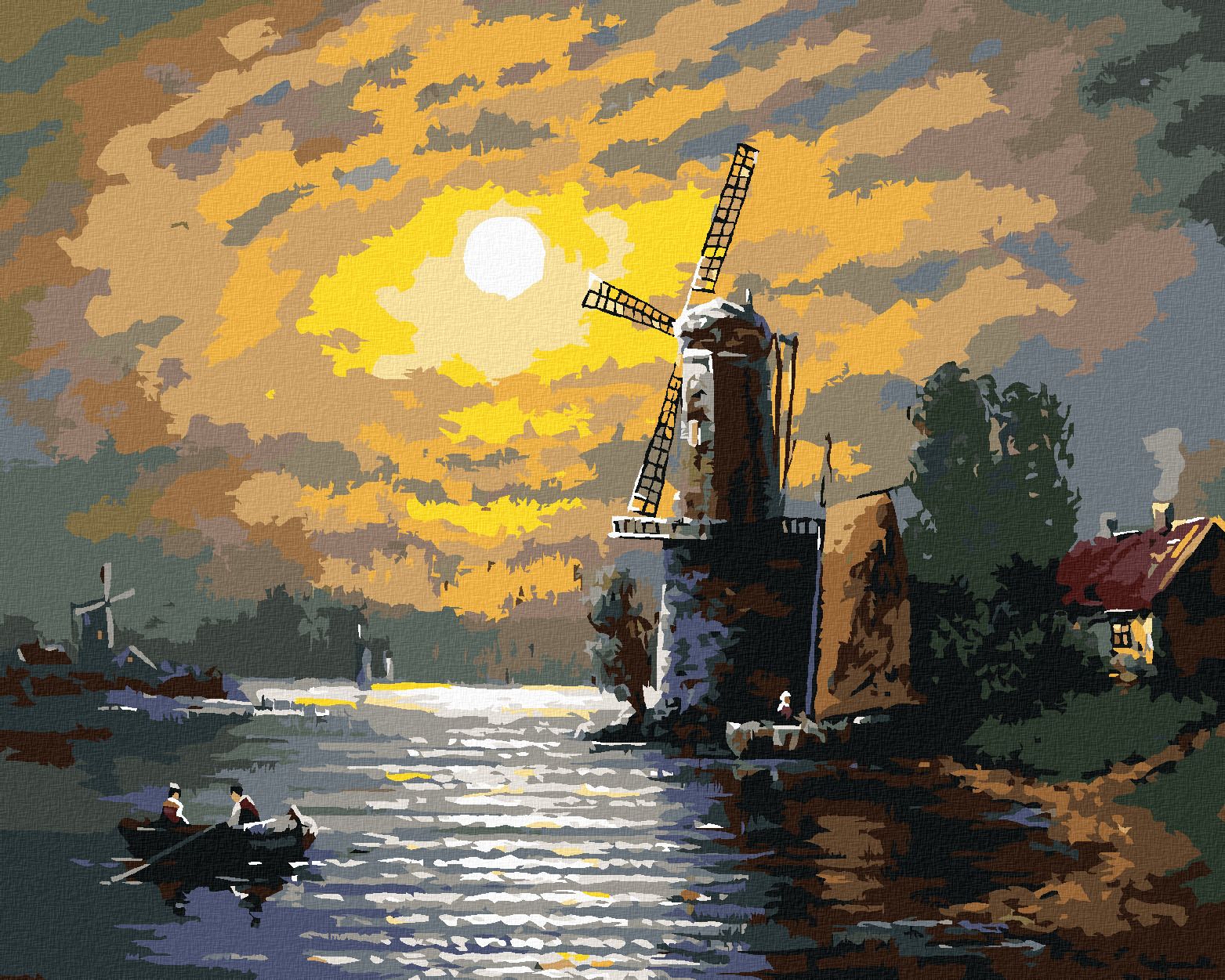 zuty Malování podle čísel - MĚSÍC, MLÝN A LOĎKA - Rozměr: 40x50 cm, Rámování: Varianta: vypnuté plátno na rám - obrázek 1