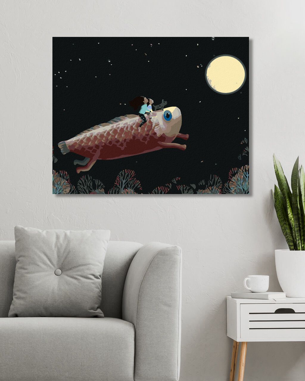 zuty Malování podle čísel - DĚTI NA OBŘÍ RYBĚ MÍŘÍ NA MĚSÍC - Rozměr: 40x50 cm, Rámování: Varianta: vypnuté plátno na rám - obrázek 10