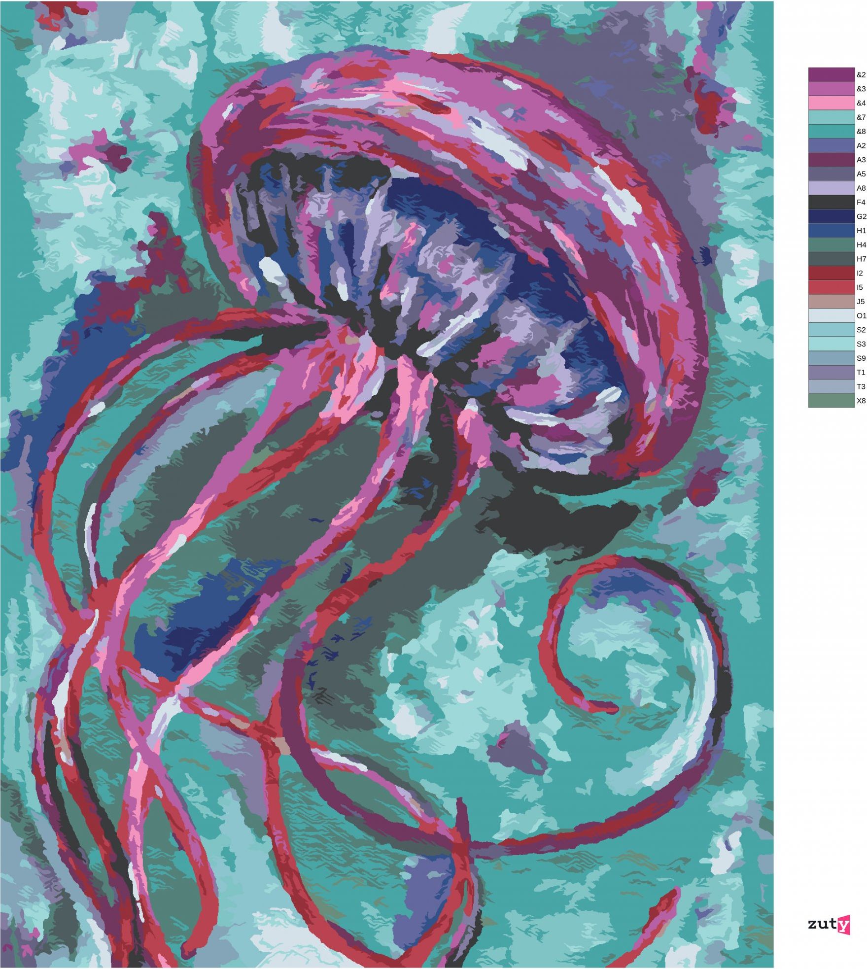 zuty Malování podle čísel - MEDÚZA NA ZELENÉM POZADÍ - Rozměr: 40x50 cm, Rámování: Varianta: bez rámu a bez vypnutí plátna - obrázek 2