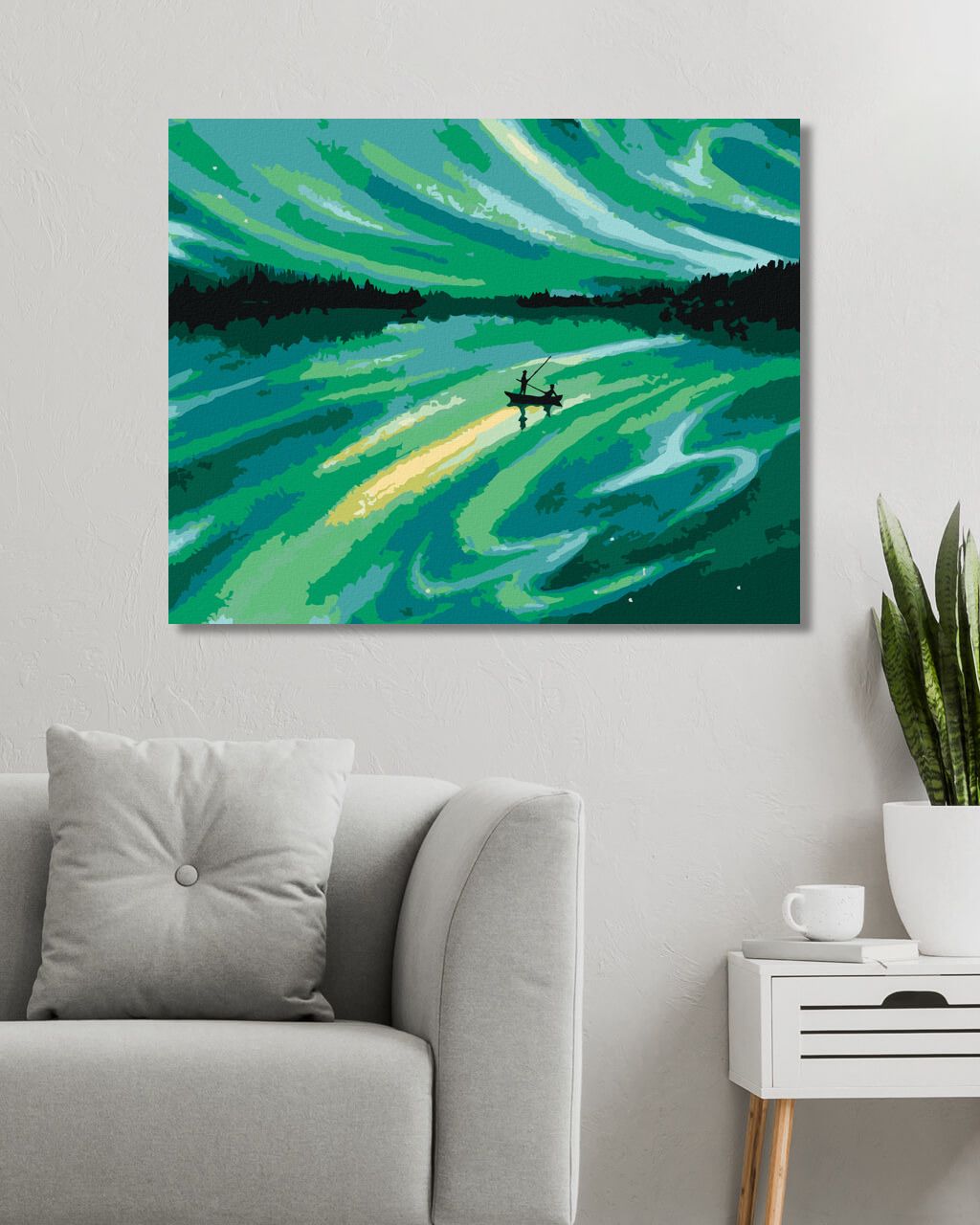 zuty Malování podle čísel - PLUJÍCÍ LOĎKA A ZELENÁ VESMÍRNÁ OBLOHA - Rozměr: 40x50 cm, Rámování: Varianta: vypnuté plátno na rám - obrázek 2