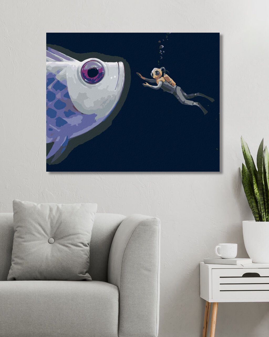 zuty Malování podle čísel - OBŘÍ HLAVA RYBY S POTÁPĚČEM - Rozměr: 40x50 cm, Rámování: Varianta: vypnuté plátno na rám - obrázek 9