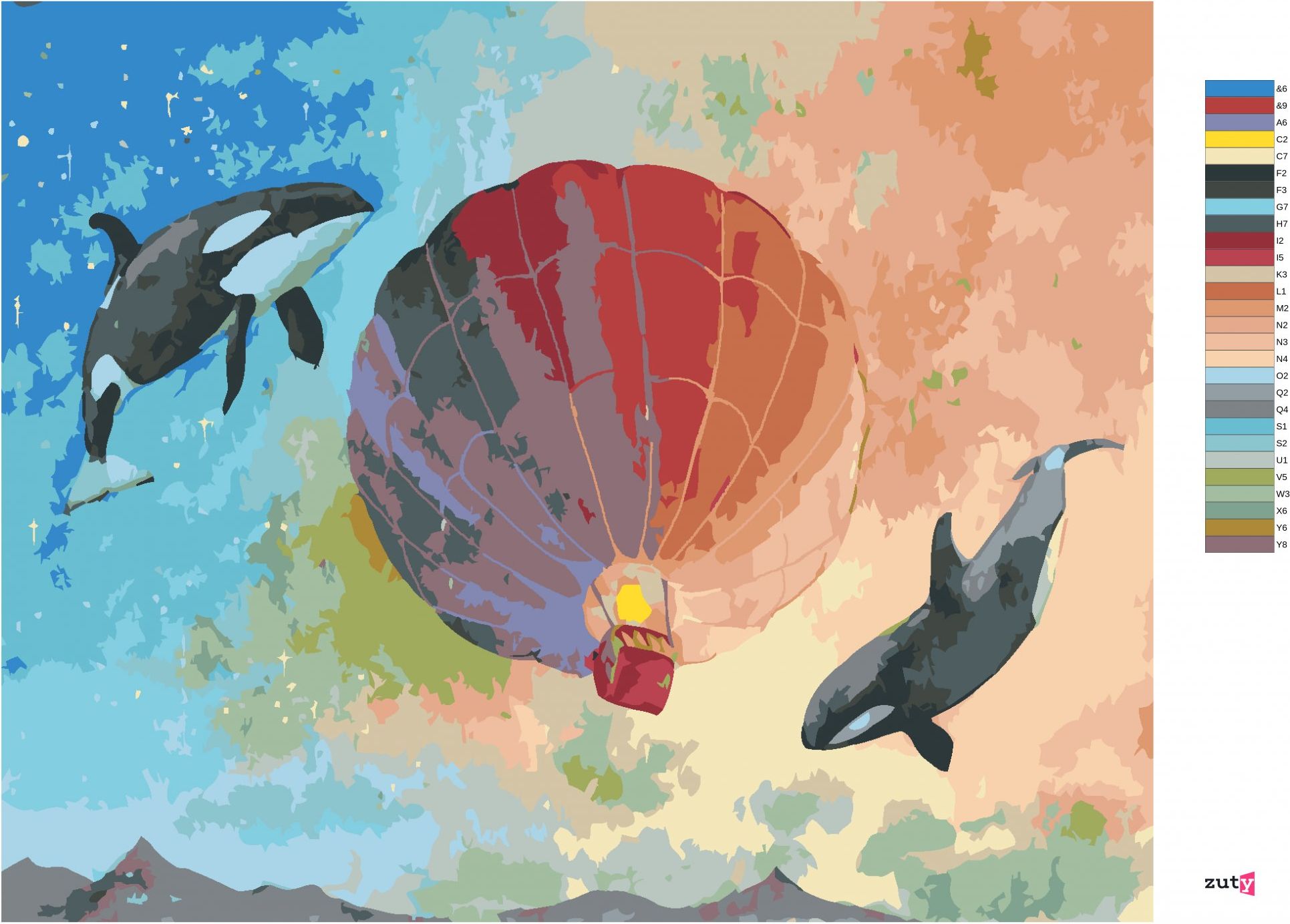 zuty Malování podle čísel - LÉTAJÍCÍ KOSATKY S HORKOVZDUŠNÝM BALÓNEM - Rozměr: 40x50 cm, Rámování: Varianta: bez rámu a bez vypnutí plátna - obrázek 5