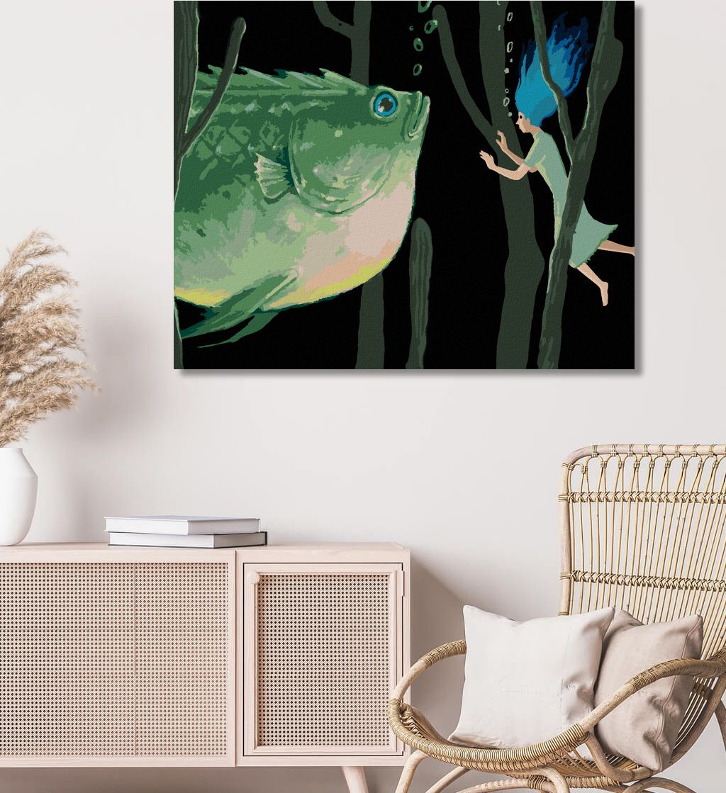 zuty Malování podle čísel - OBŘÍ ZELENÁ RYBA SE ŽENOU - Rozměr: 40x50 cm, Rámování: Varianta: vypnuté plátno na rám - obrázek 9