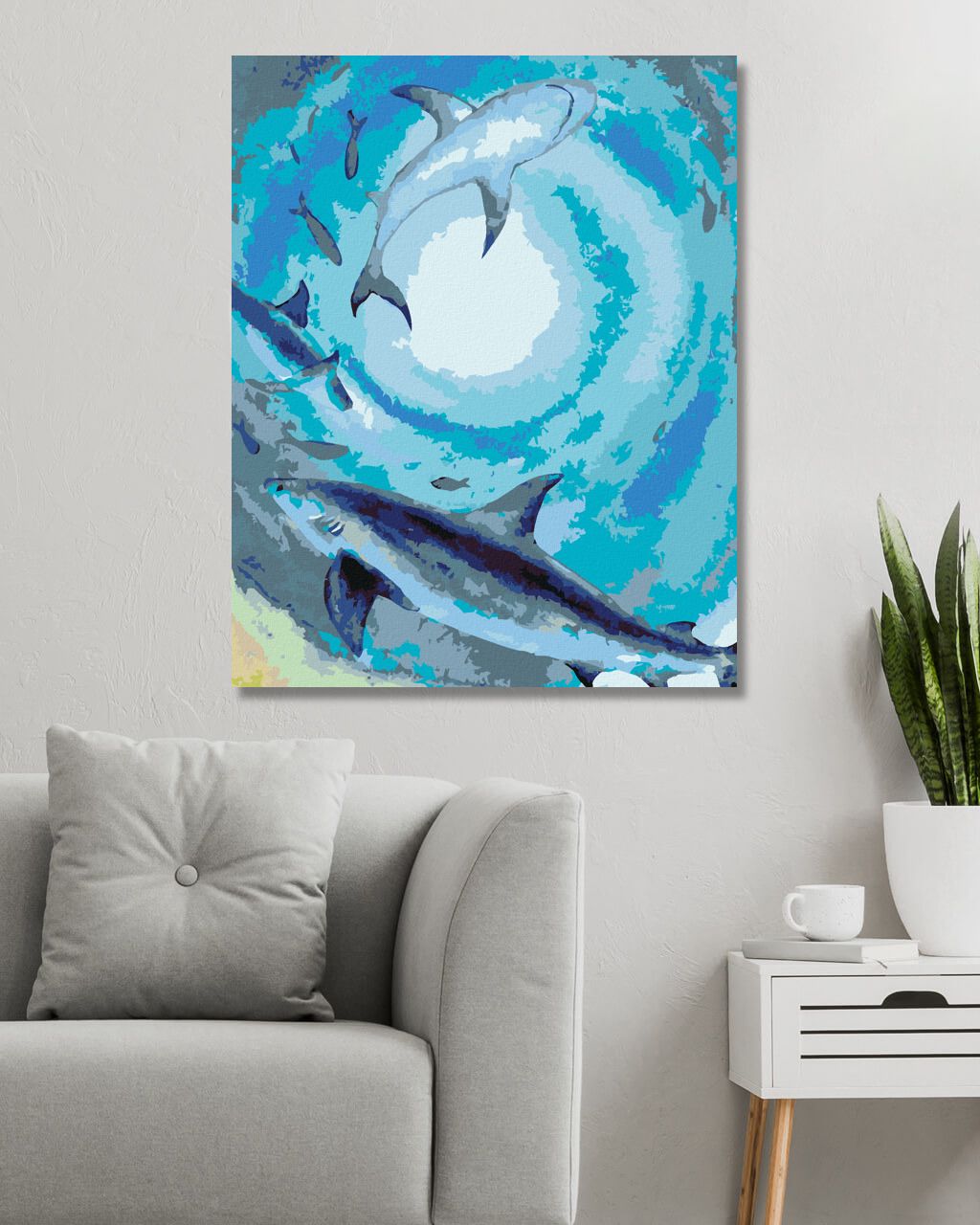 zuty Malování podle čísel - HEJNO ŽRALOKŮ A RYB PLAVAJÍCÍ V TEMNÉM MOŘI - Rozměr: 40x50 cm, Rámování: Varianta: bez rámu a bez vypnutí plátna - obrázek 10