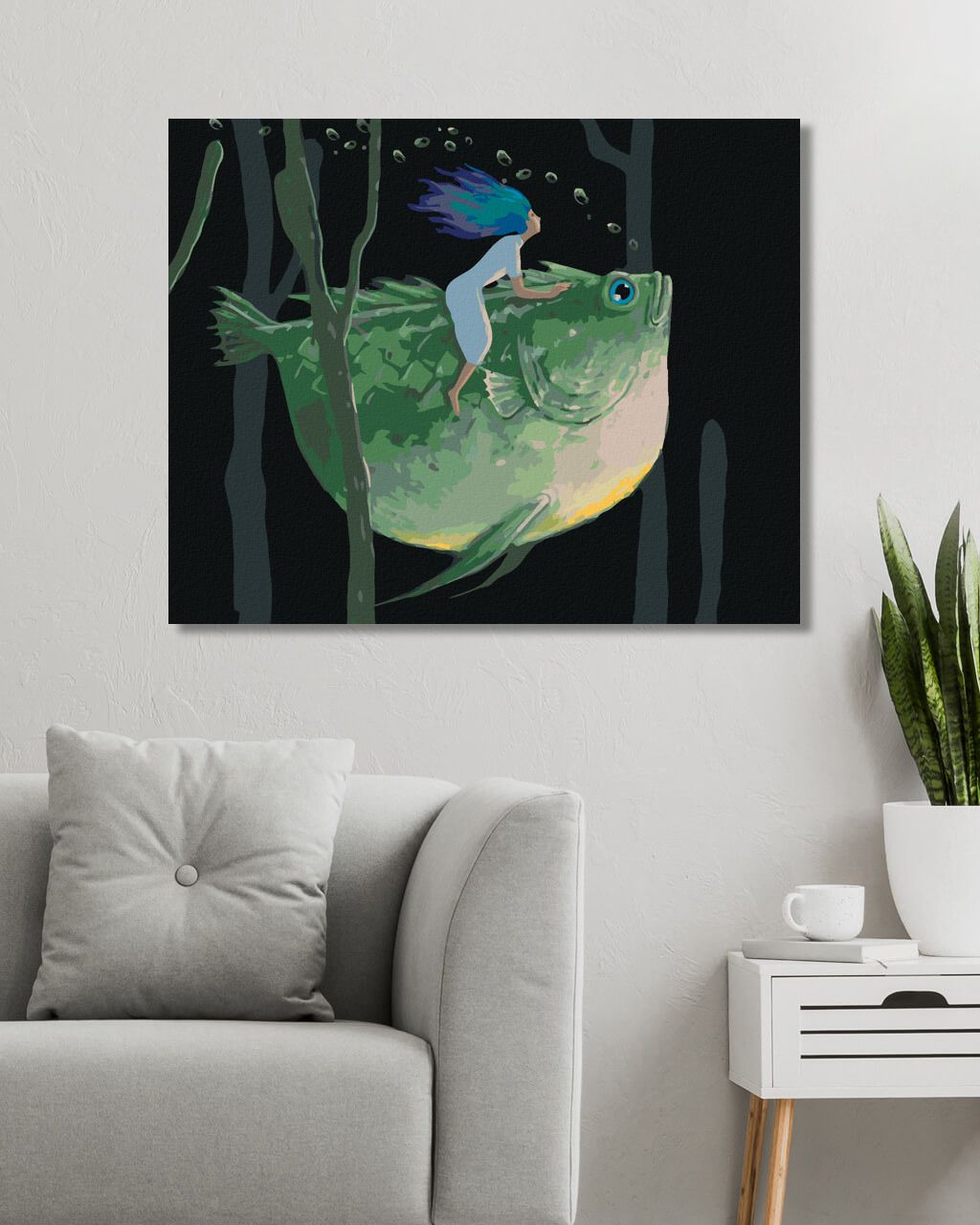 zuty Malování podle čísel - ŽENA SEDÍCÍ NA OBŘÍ RYBĚ - Rozměr: 40x50 cm, Rámování: Varianta: bez rámu a bez vypnutí plátna - obrázek 4