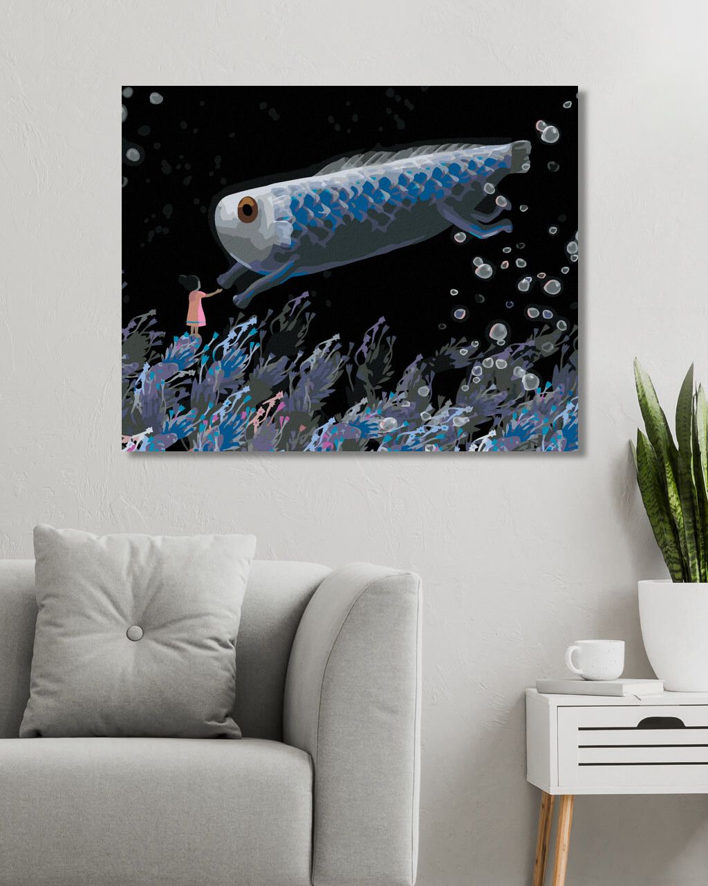 zuty Malování podle čísel - HOLČIČKA S OBŘÍ RYBOU - Rozměr: 40x50 cm, Rámování: Varianta: bez rámu a bez vypnutí plátna - obrázek 3