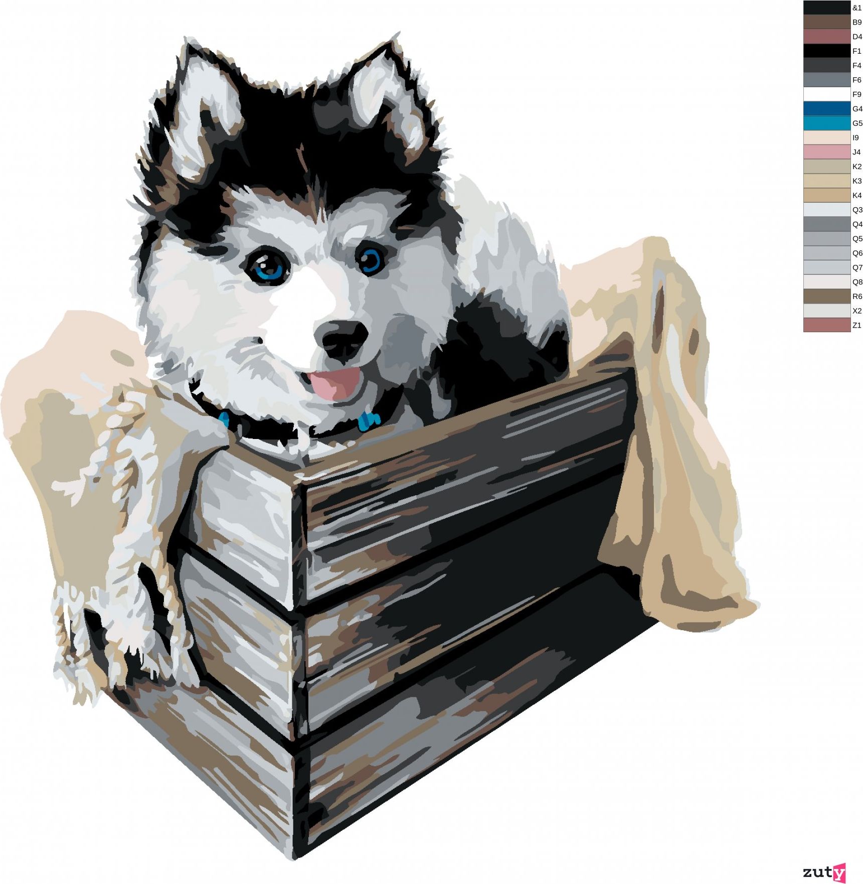 zuty Malování podle čísel - HUSKY V KRABICI - Rozměr: 40x50 cm, Rámování: Varianta: bez rámu a bez vypnutí plátna - obrázek 3
