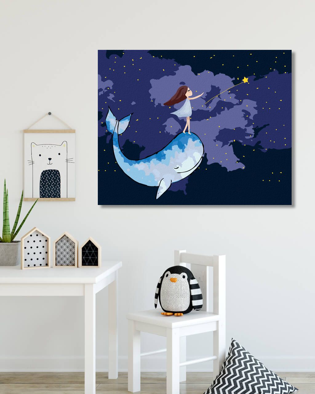 zuty Malování podle čísel - DÍVKA S VELRYBOU NA NOČNÍ OBLOZE - Rozměr: 40x50 cm, Rámování: Varianta: vypnuté plátno na rám - obrázek 2