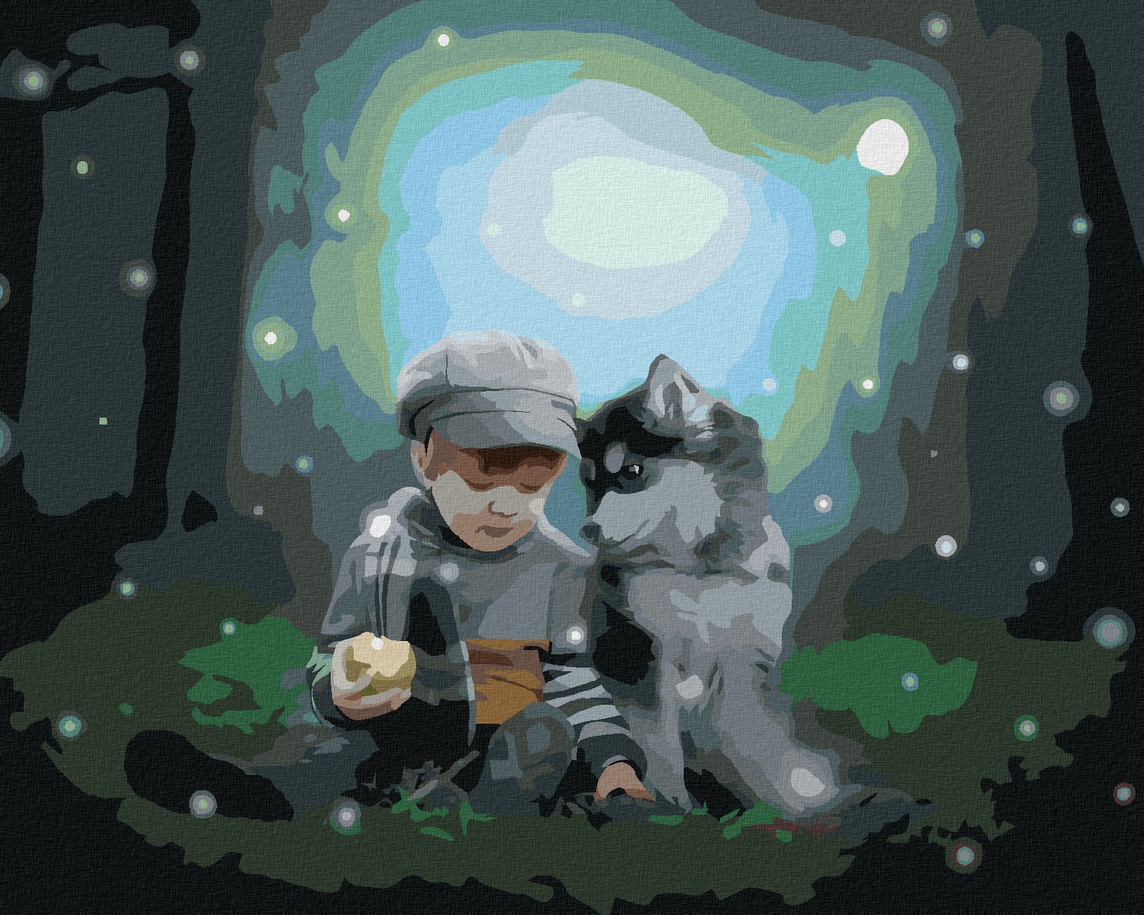 zuty Malování podle čísel - HUSKY A CHLAPEČEK V LESE - Rozměr: 40x50 cm, Rámování: Varianta: vypnuté plátno na rám - obrázek 1