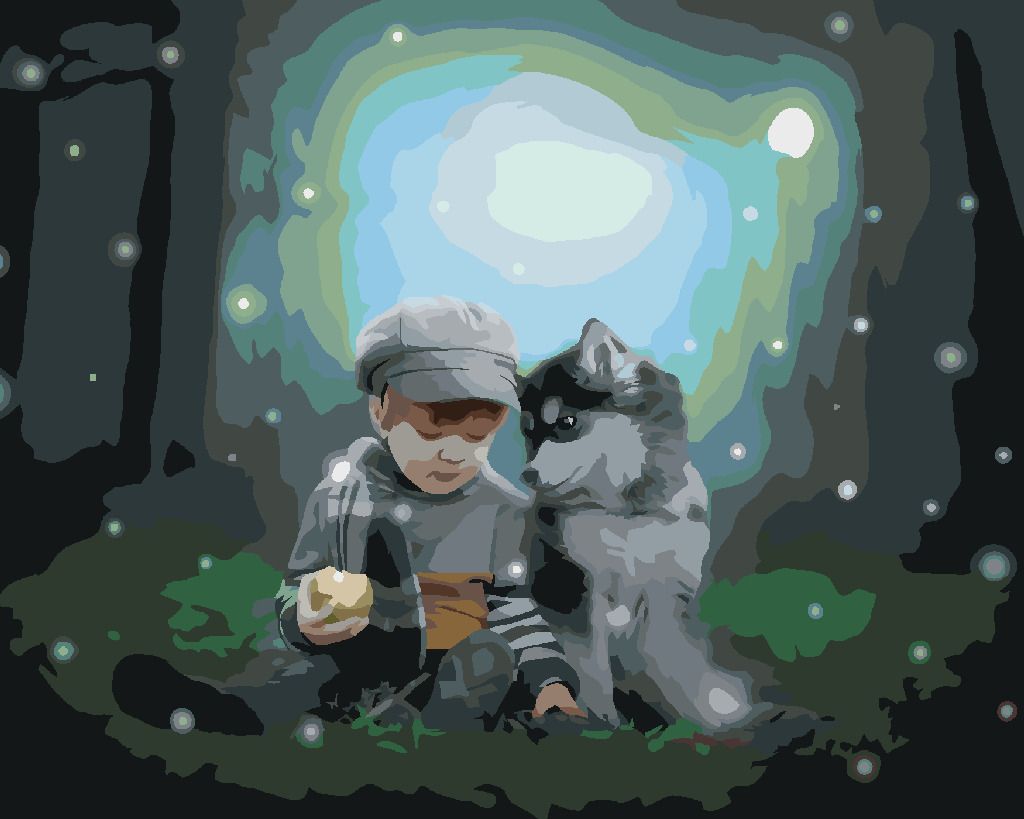 zuty Malování podle čísel - HUSKY A CHLAPEČEK V LESE - Rozměr: 40x50 cm, Rámování: Varianta: vypnuté plátno na rám - obrázek 3