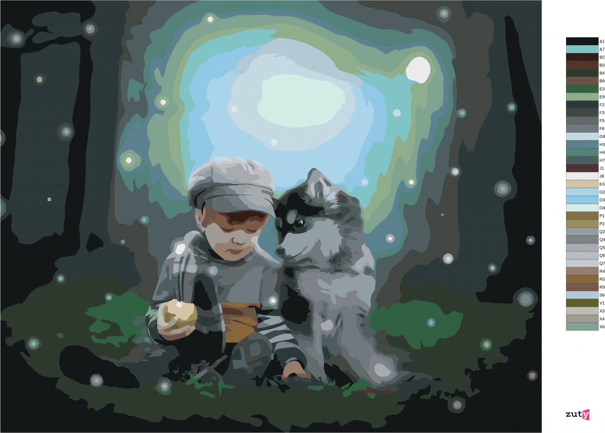 zuty Malování podle čísel - HUSKY A CHLAPEČEK V LESE - Rozměr: 40x50 cm, Rámování: Varianta: vypnuté plátno na rám - obrázek 8