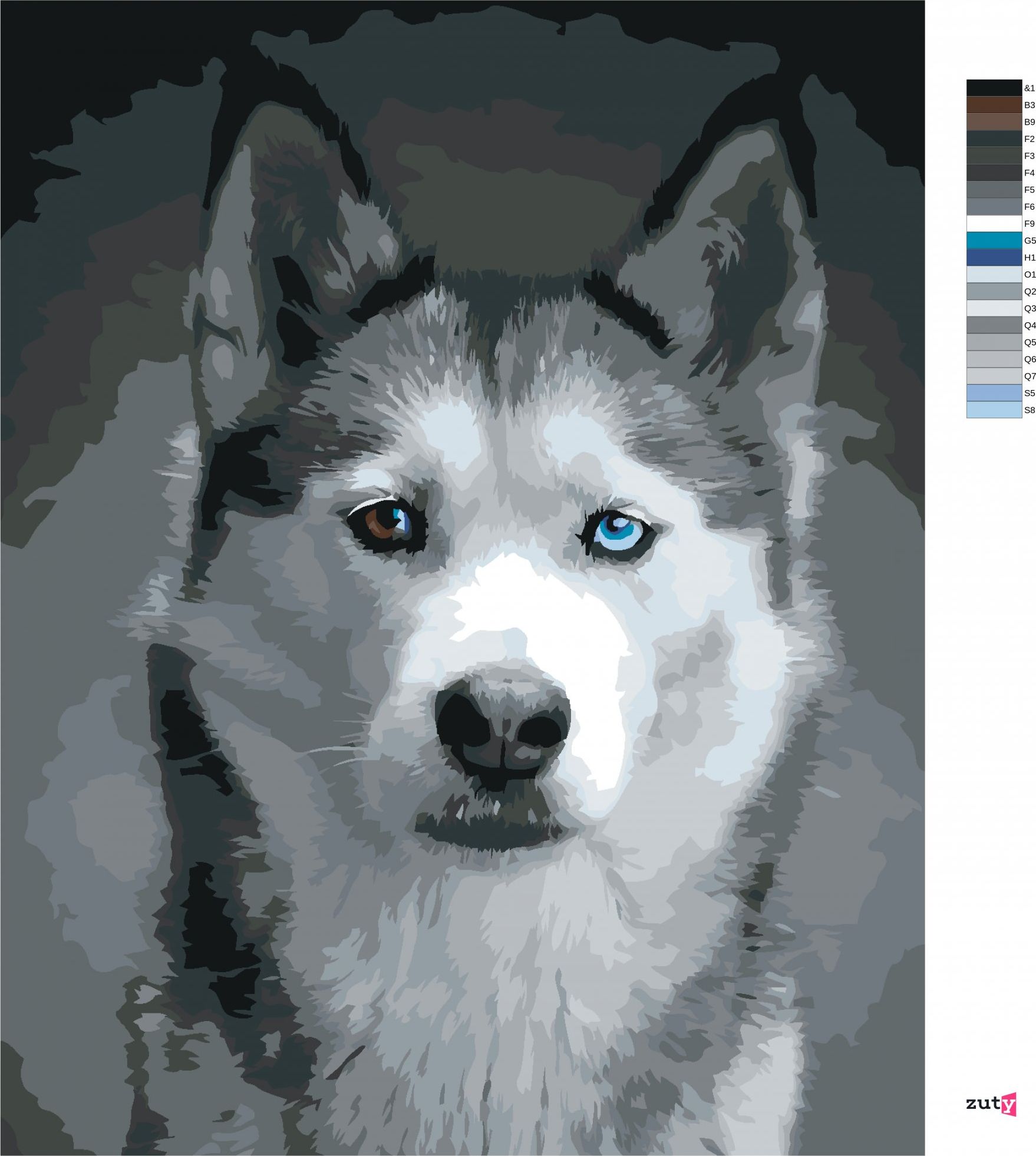 zuty Malování podle čísel - HLAVA HUSKYHO - Rozměr: 40x50 cm, Rámování: Varianta: bez rámu a bez vypnutí plátna - obrázek 3