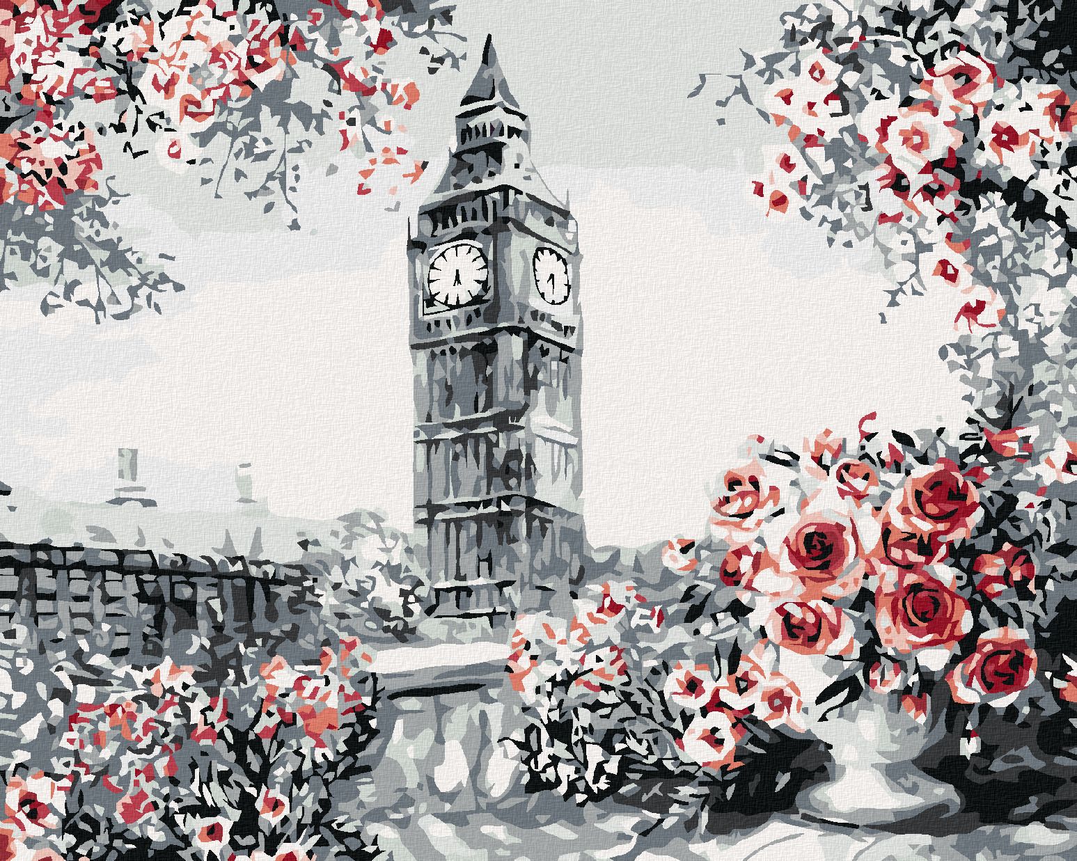 zuty Malování podle čísel - BIG BEN OBKLOPENÝ RŮŽEMA - Rozměr: 40x50 cm, Rámování: Varianta: vypnuté plátno na rám - obrázek 1