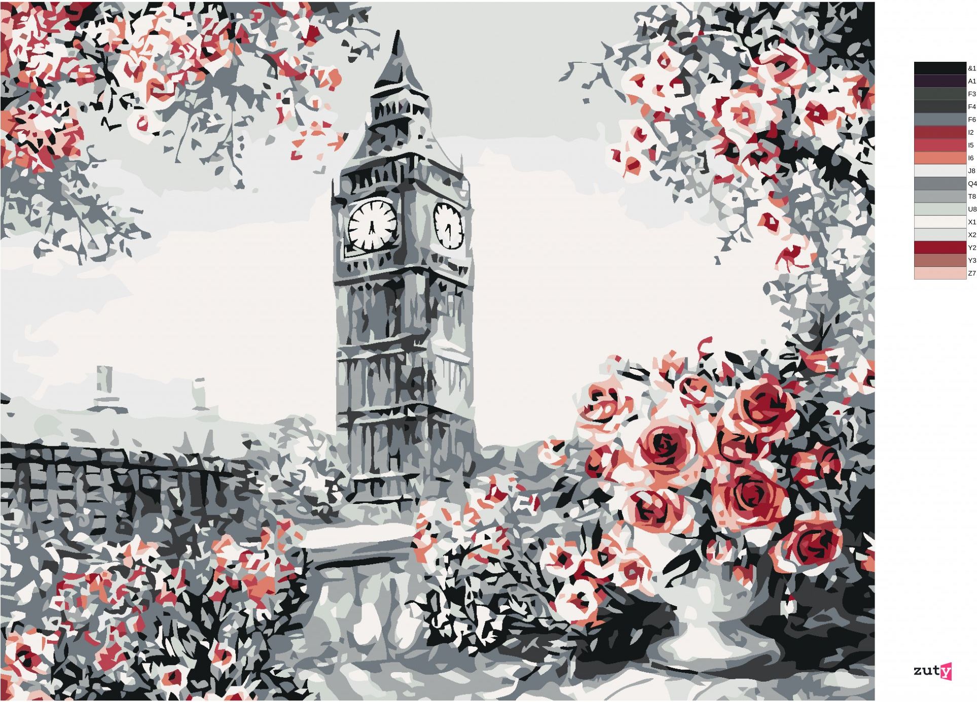 zuty Malování podle čísel - BIG BEN OBKLOPENÝ RŮŽEMA - Rozměr: 40x50 cm, Rámování: Varianta: vypnuté plátno na rám - obrázek 2