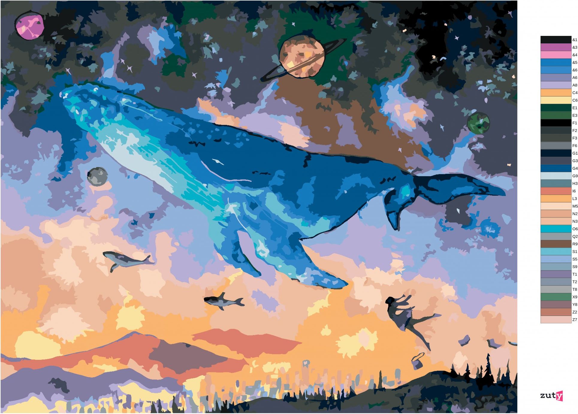 zuty Malování podle čísel - VELRYBA POTÁPĚJÍCÍ SE DO FANTASY VESMÍRU - Rozměr: 40x50 cm, Rámování: Varianta: vypnuté plátno na rám - obrázek 10