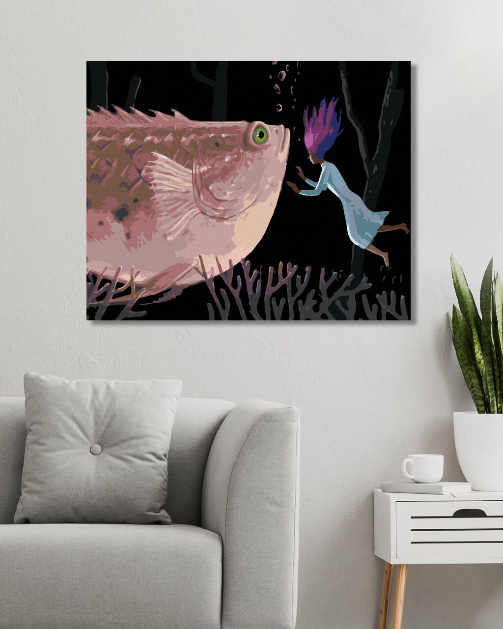 zuty Malování podle čísel - ŽENA S OBŘÍ RŮŽOVOU RYBOU - Rozměr: 40x50 cm, Rámování: Varianta: vypnuté plátno na rám - obrázek 2