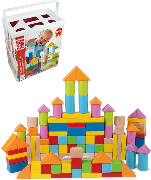 HAPE DŘEVO Baby kostky barevné 101ks v krabici s prostrkávacím víkem - obrázek 1