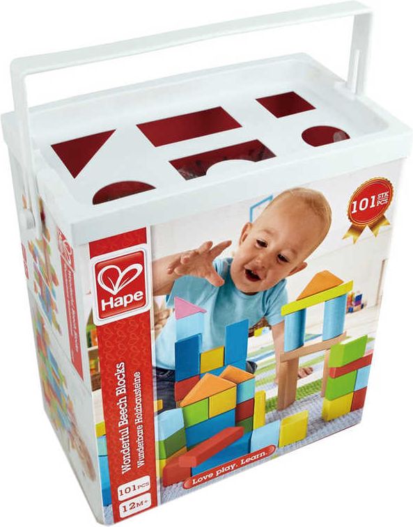 HAPE DŘEVO Baby kostky barevné 101ks v krabici s prostrkávacím víkem - obrázek 2