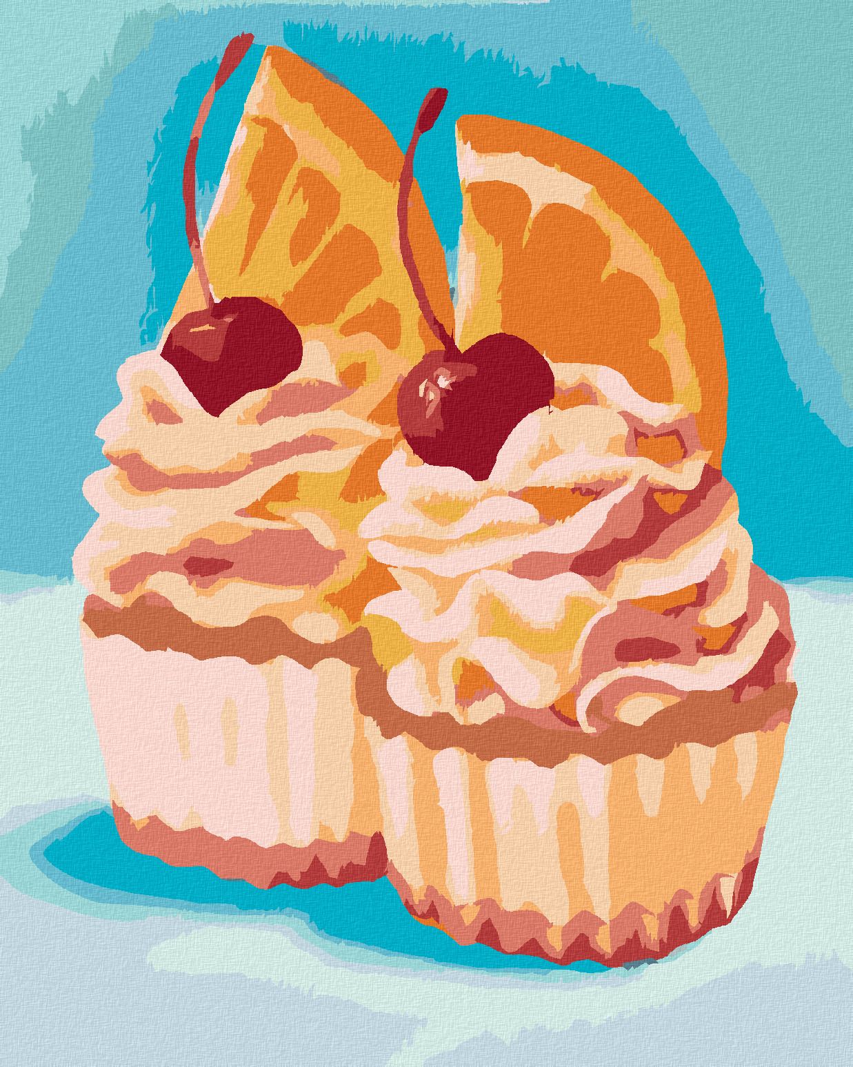 zuty Malování podle čísel - CUPCAKE S POMERANČEM A TŘEŠNÍ (MYROSLAVA VOLOSCHUK) - Rozměr: 40x50 cm, Rámování: Varianta: bez rámu a bez vypnutí plátna - obrázek 1