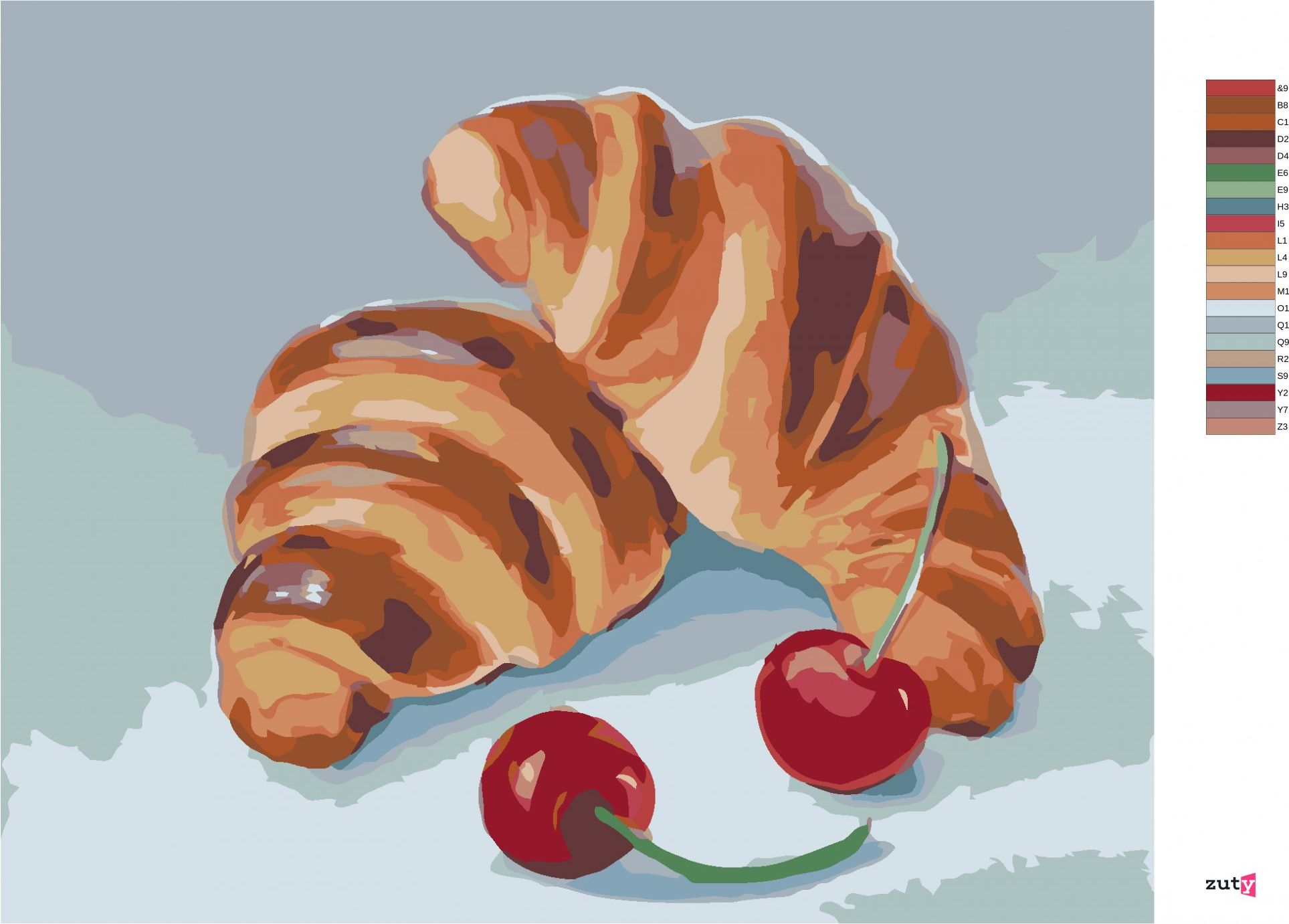 zuty Malování podle čísel - CROISSANT A TŘEŠNĚ (MYROSLAVA VOLOSCHUK) - Rozměr: 40x50 cm, Rámování: Varianta: vypnuté plátno na rám - obrázek 4