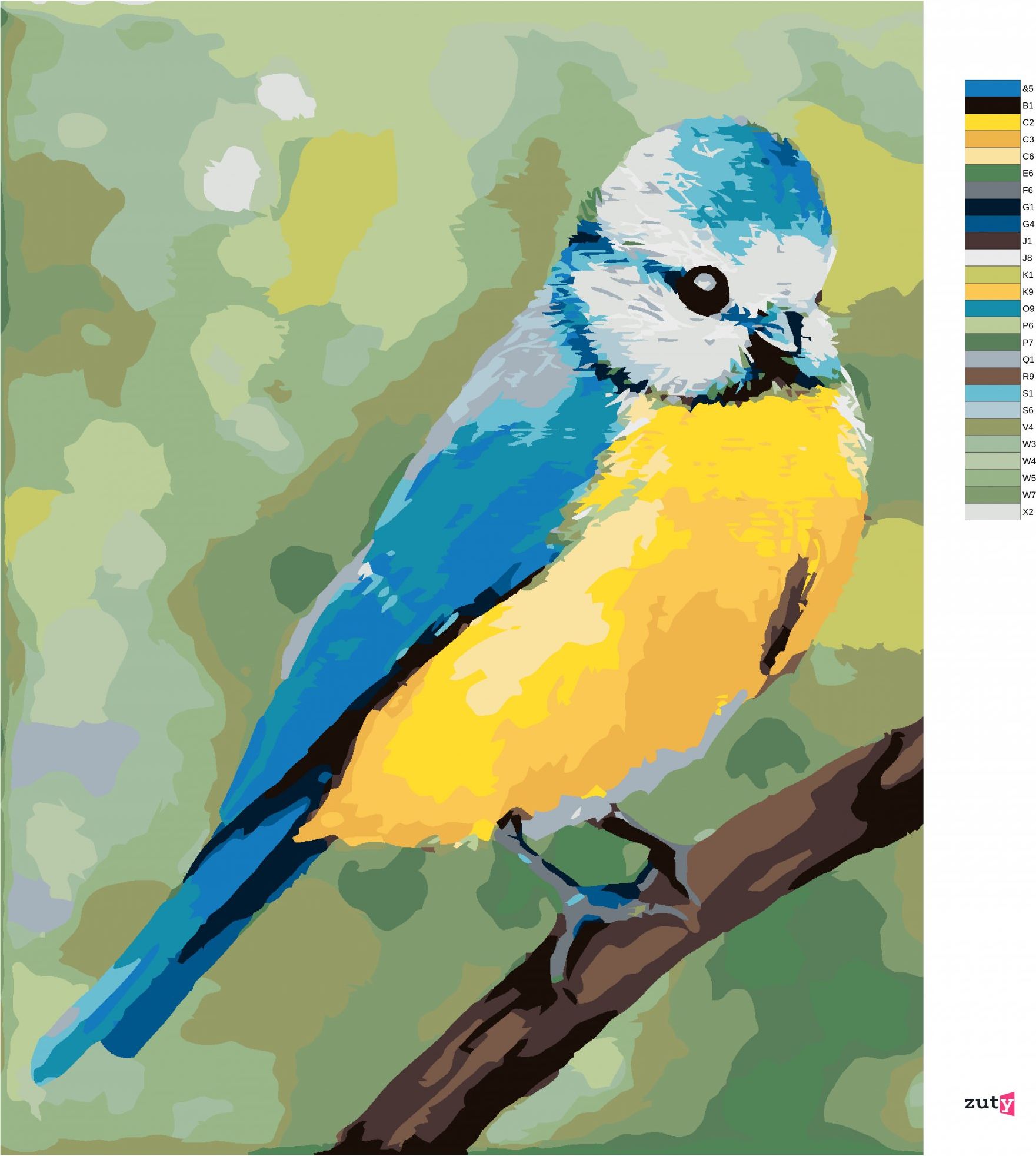 zuty Malování podle čísel - MODRÝ PTÁČEK SEDÍCÍ NA VĚTVIČCE(MYROSLAVA VOLOSCHUK) - Rozměr: 40x50 cm, Rámování: Varianta: bez rámu a bez vypnutí plátna - obrázek 2