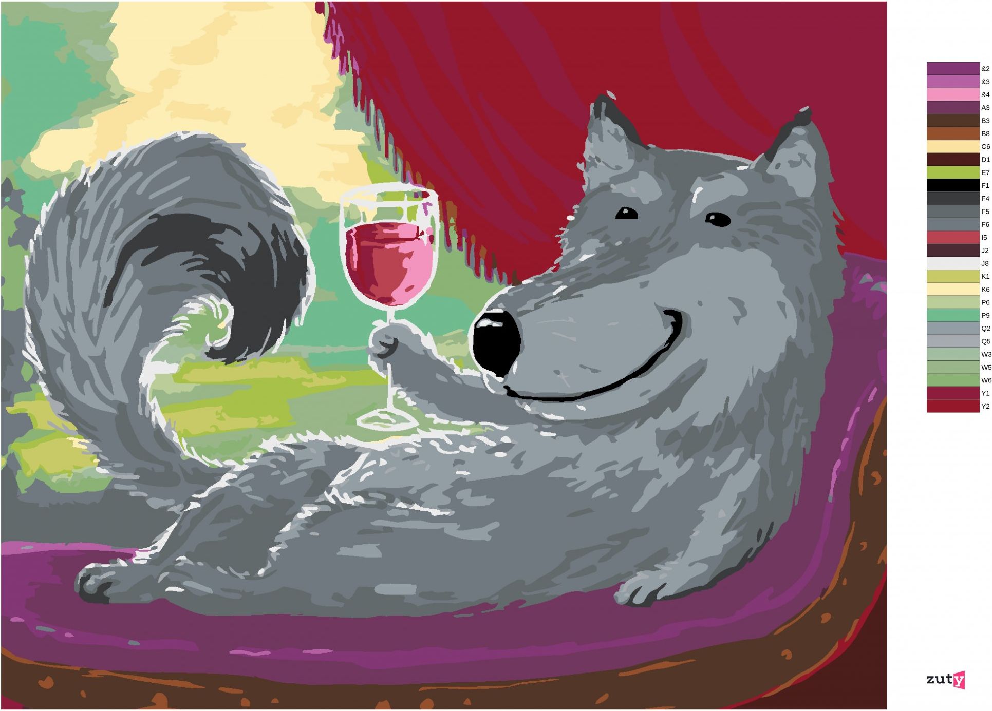 zuty Malování podle čísel - ŠEDÝ VLK NA POHOVCE SE SKLENKOU VÍNA - Rozměr: 40x50 cm, Rámování: Varianta: vypnuté plátno na rám - obrázek 6