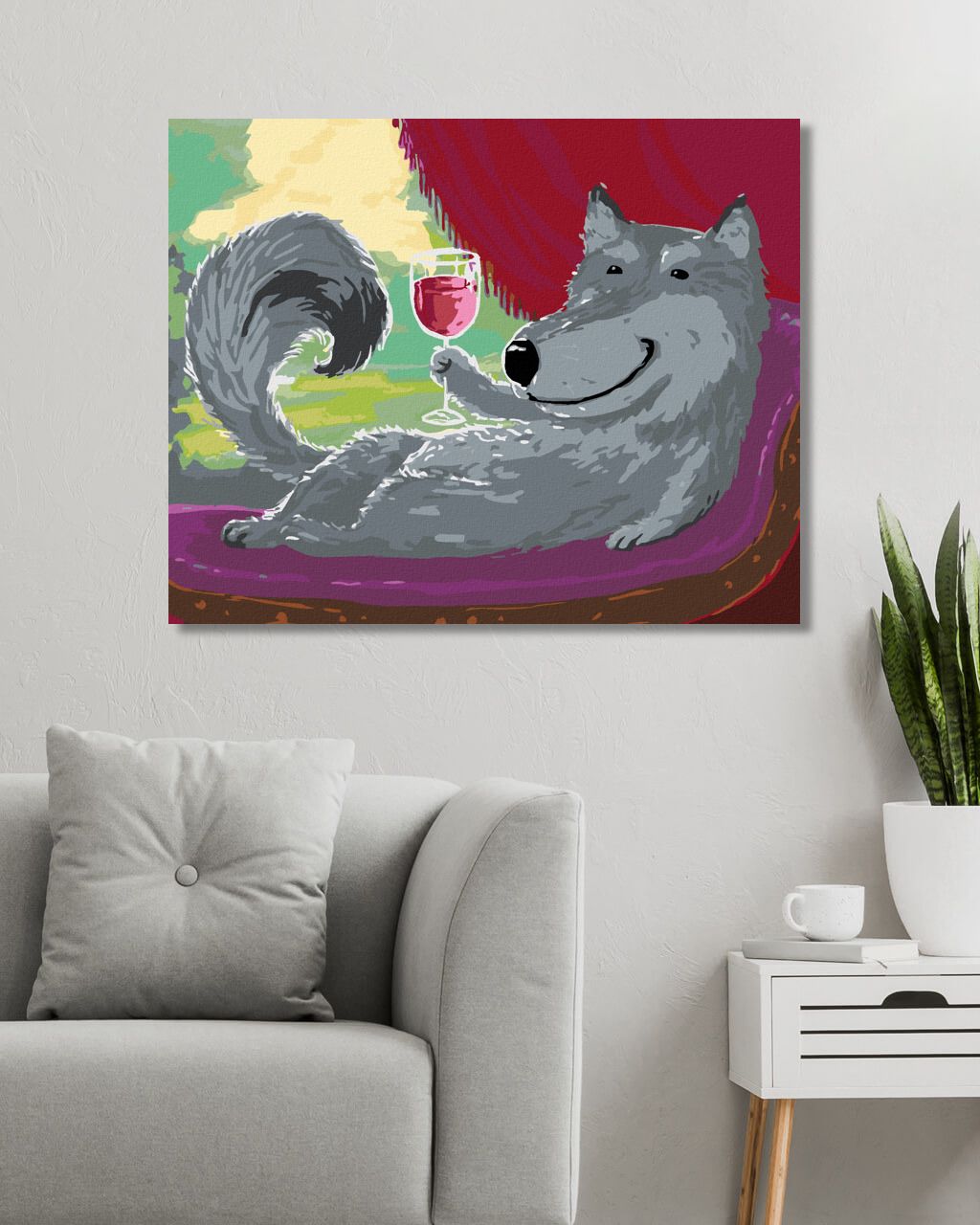 zuty Malování podle čísel - ŠEDÝ VLK NA POHOVCE SE SKLENKOU VÍNA - Rozměr: 40x50 cm, Rámování: Varianta: vypnuté plátno na rám - obrázek 10