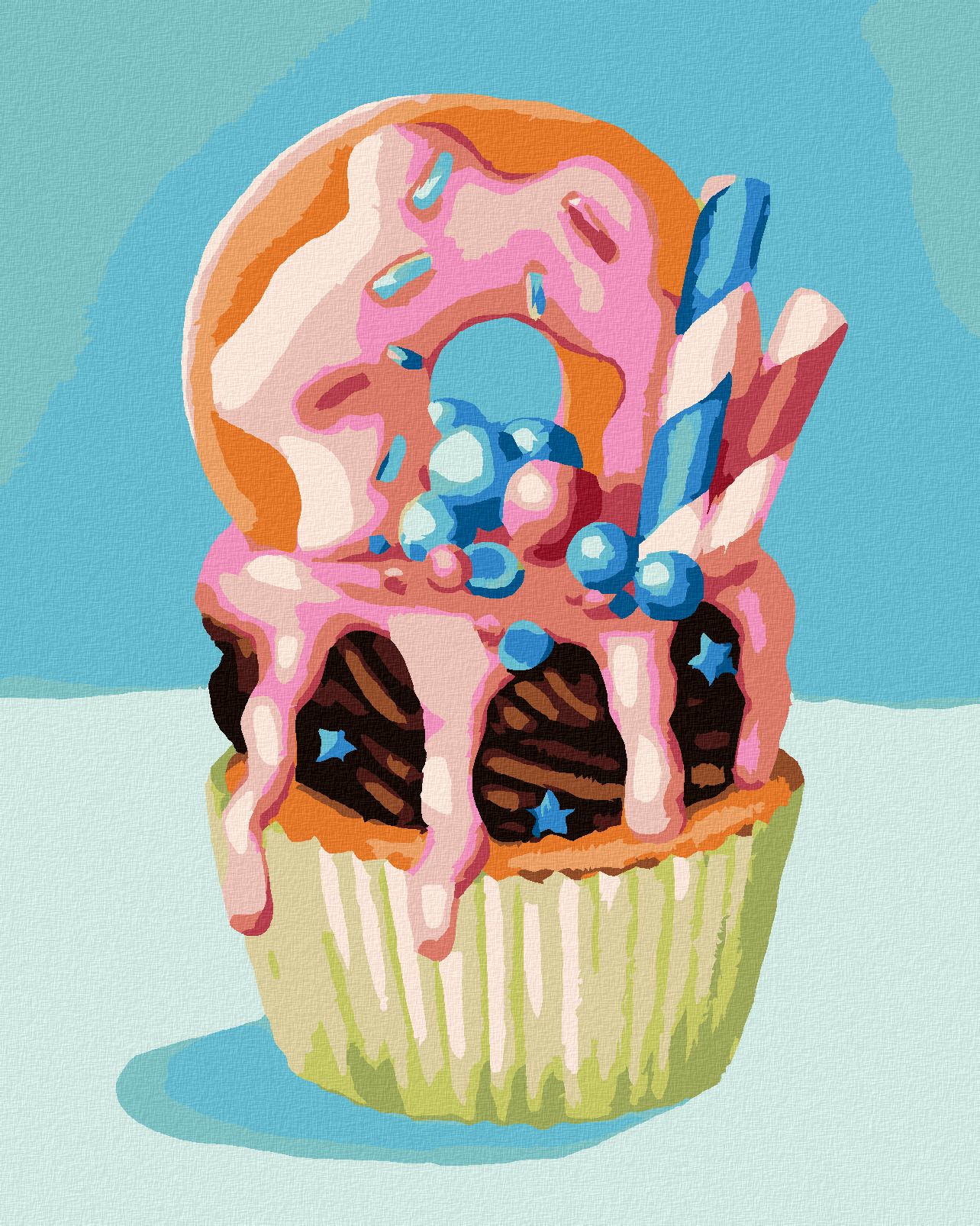 zuty Malování podle čísel - CUPCAKE S DONUTEM (MYROSLAVA VOLOSCHUK) - Rozměr: 40x50 cm, Rámování: Varianta: vypnuté plátno na rám - obrázek 1
