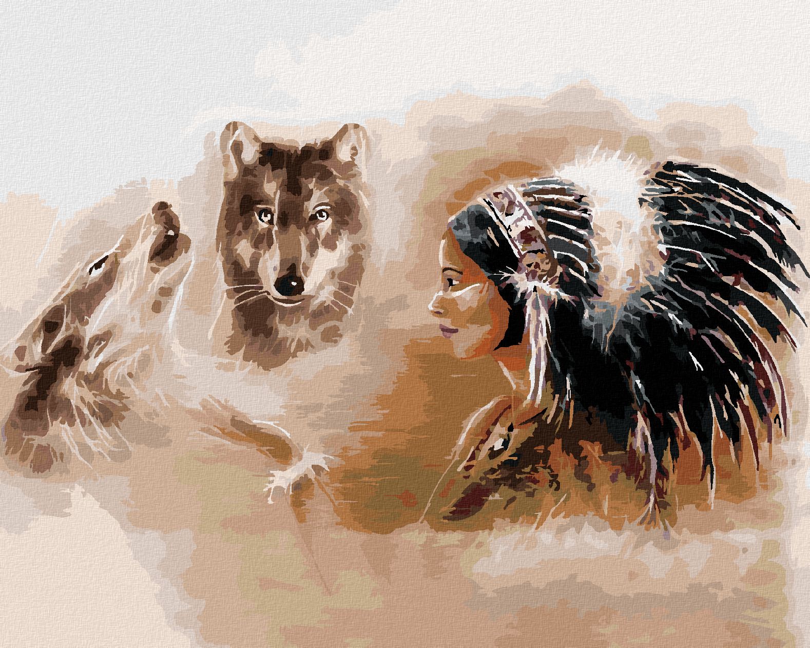 zuty Malování podle čísel - DVA VLCI A INDIÁNKA - Rozměr: 40x50 cm, Rámování: Varianta: vypnuté plátno na rám - obrázek 1