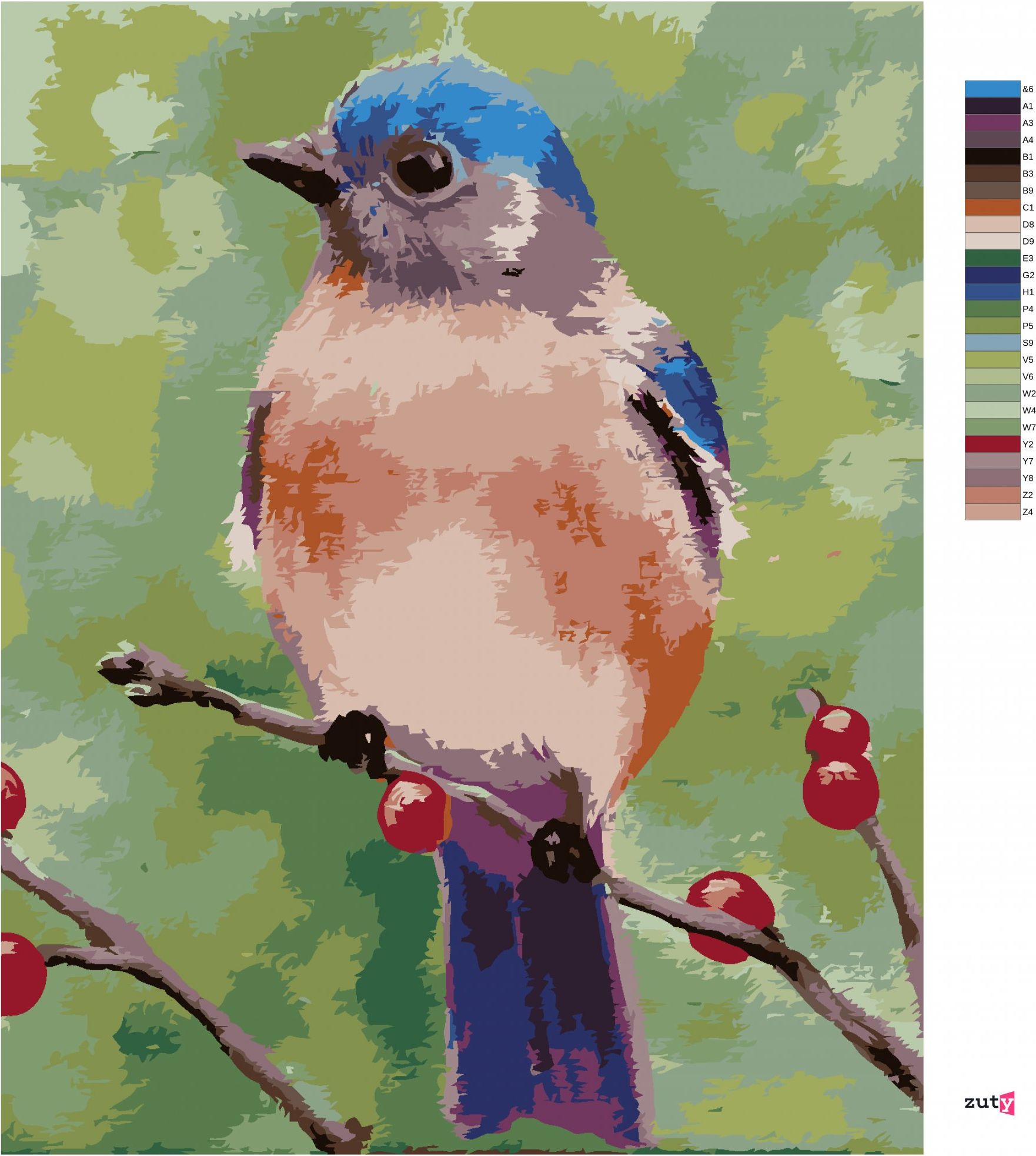 zuty Malování podle čísel - MODRÝ PTÁČEK NA VĚTVIČCE (MYROSLAVA VOLOSCHUK) - Rozměr: 40x50 cm, Rámování: Varianta: bez rámu a bez vypnutí plátna - obrázek 6