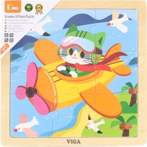 Dřevěné puzzle 9 dílků - letadlo s kočičkou - obrázek 1