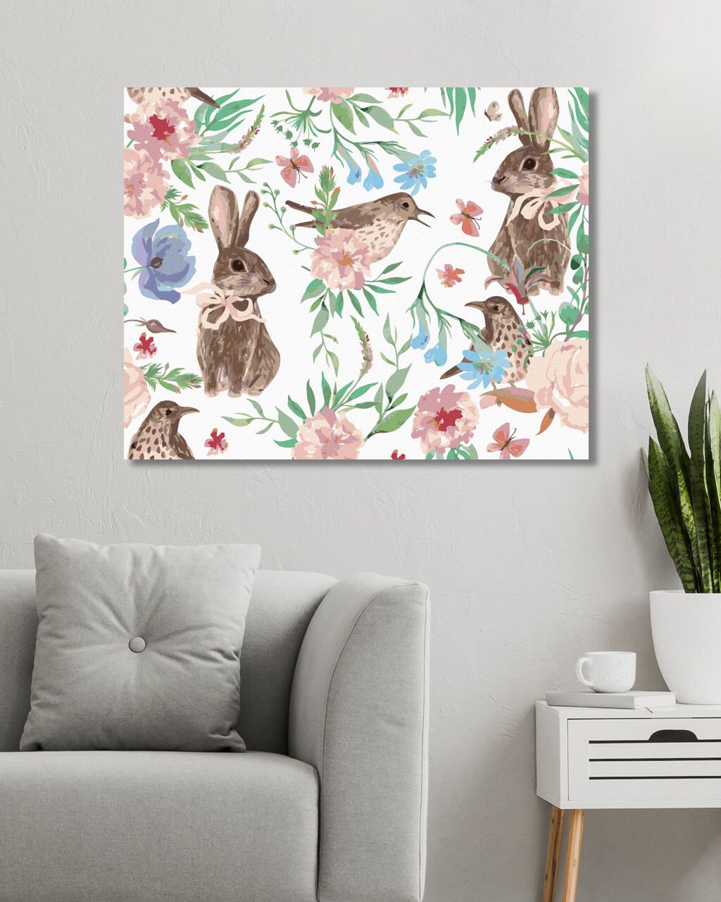 zuty Malování podle čísel - KRÁLÍCI A PTÁČCI V KVĚTINOVÉ KOMPOZICI - Rozměr: 40x50 cm, Rámování: Varianta: vypnuté plátno na rám - obrázek 4