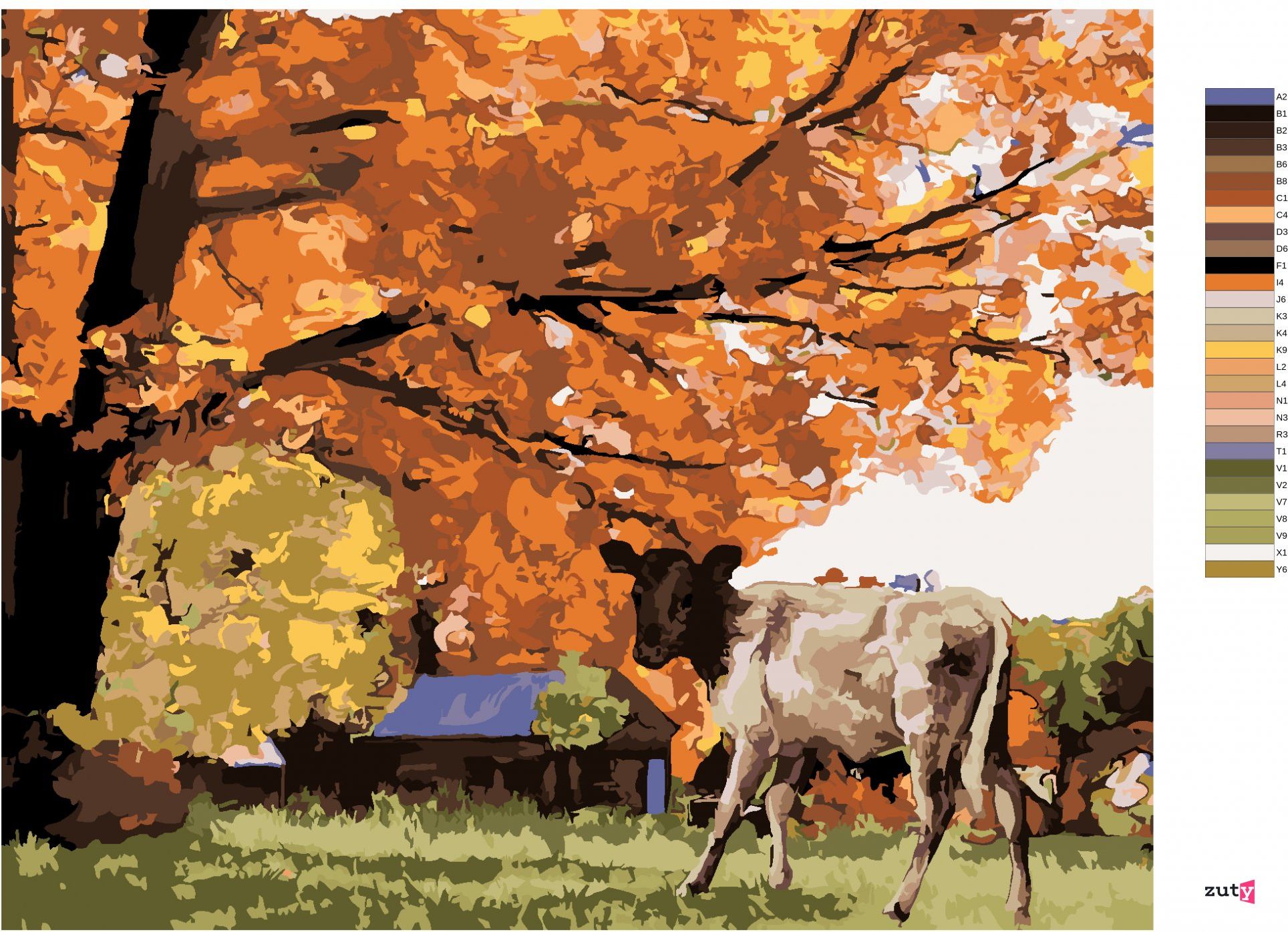 zuty Malování podle čísel - KRÁVA POD STROMEM - Rozměr: 40x50 cm, Rámování: Varianta: bez rámu a bez vypnutí plátna - obrázek 2