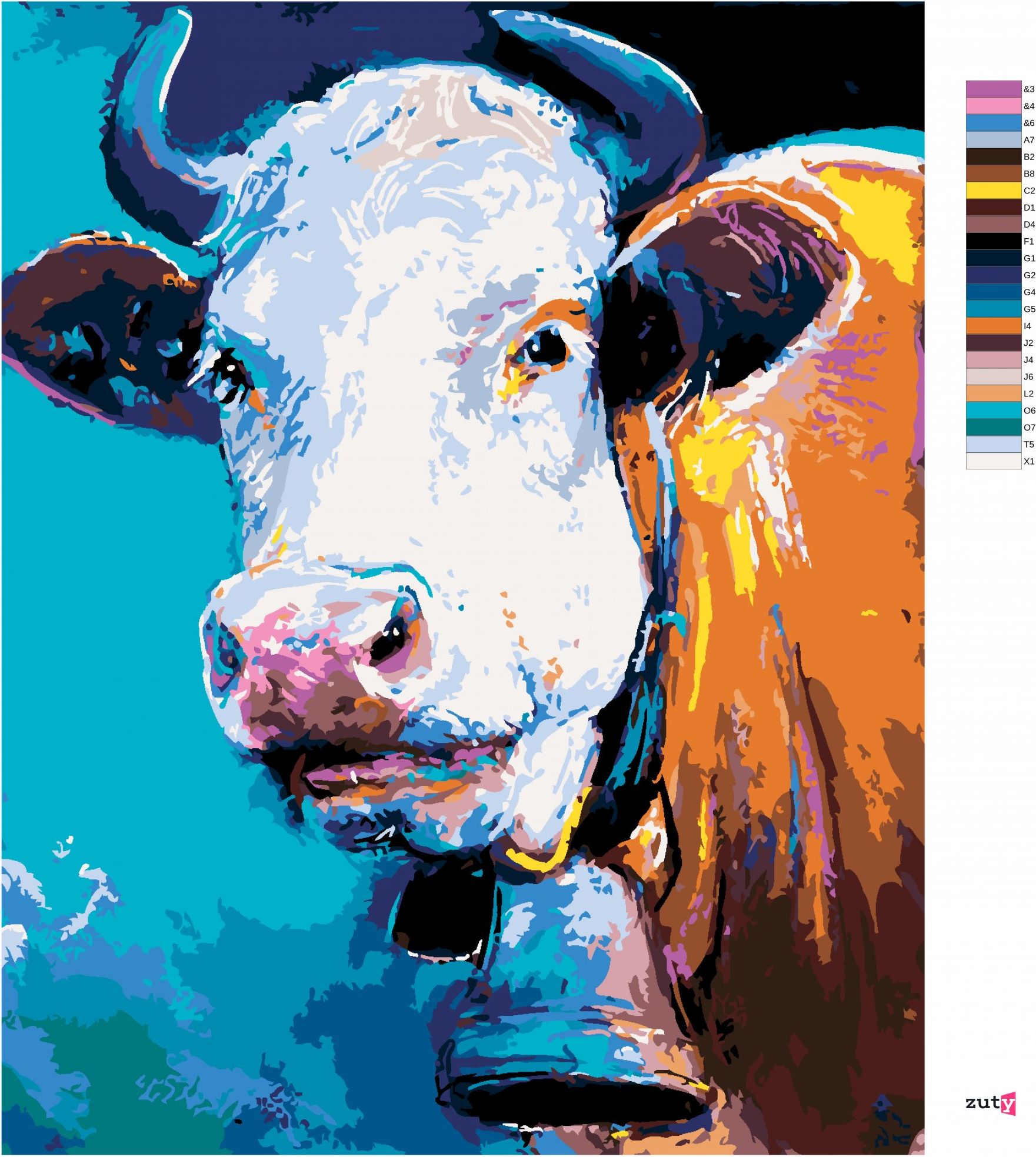 zuty Malování podle čísel - KRÁVA NA MODRÉM POZADÍ - Rozměr: 40x50 cm, Rámování: Varianta: bez rámu a bez vypnutí plátna - obrázek 8