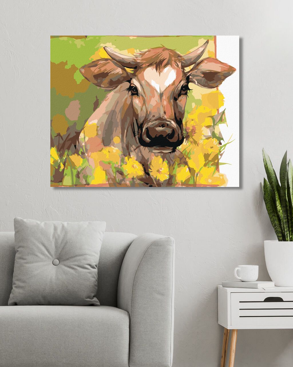 zuty Malování podle čísel - KRÁVA MEZI ŽLUTÝM KVÍTÍM - Rozměr: 40x50 cm, Rámování: Varianta: bez rámu a bez vypnutí plátna - obrázek 2