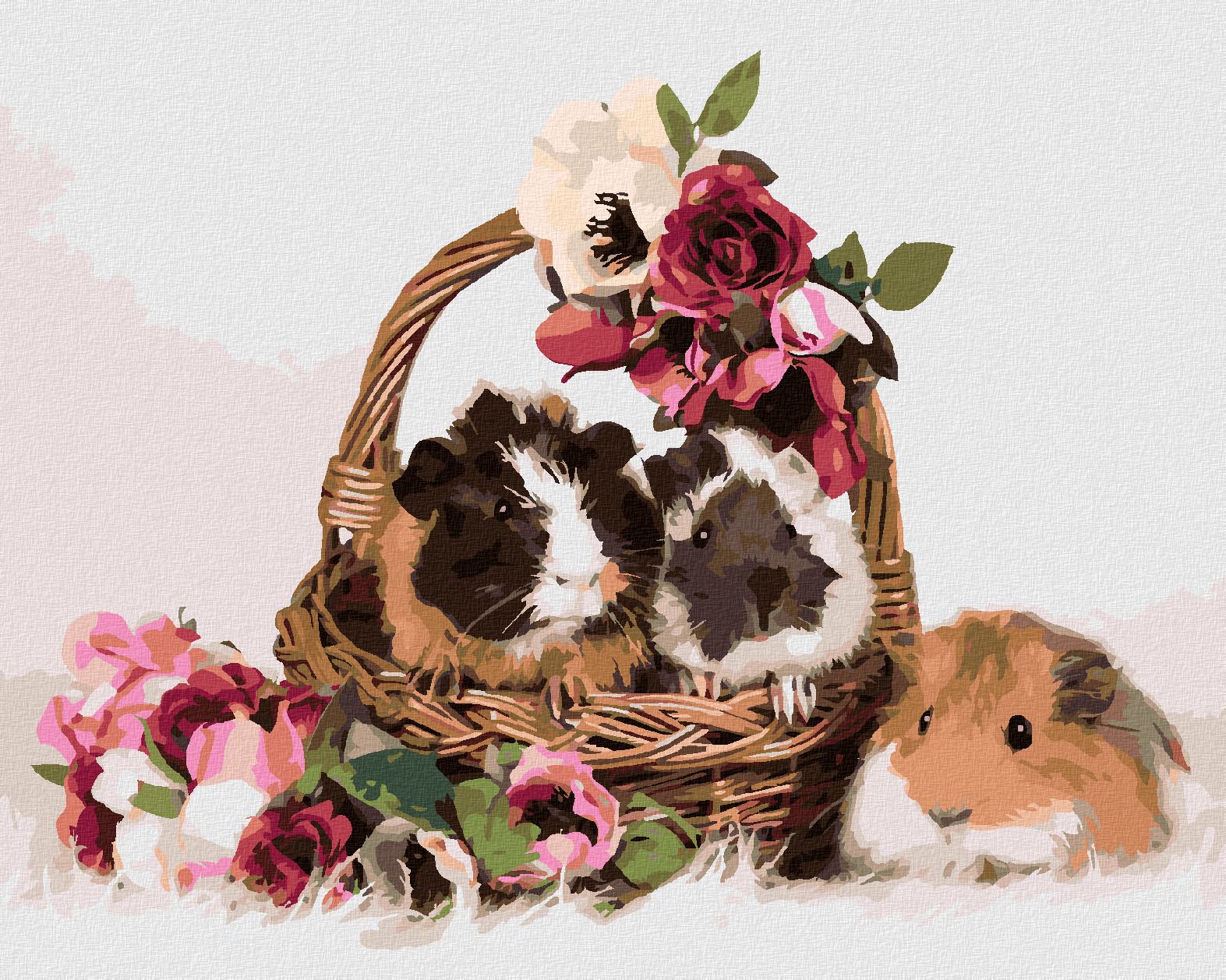 zuty Malování podle čísel - MORČATA V KOŠÍKU S KVĚTINAMI - Rozměr: 40x50 cm, Rámování: Varianta: bez rámu a bez vypnutí plátna - obrázek 1
