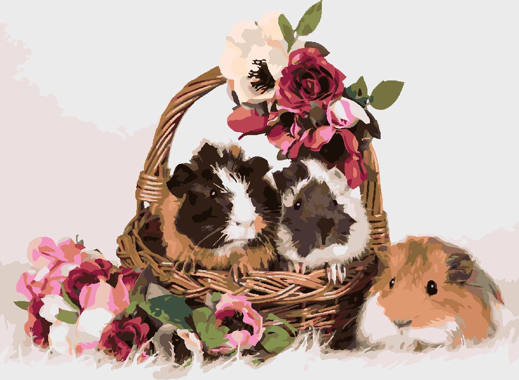 zuty Malování podle čísel - MORČATA V KOŠÍKU S KVĚTINAMI - Rozměr: 40x50 cm, Rámování: Varianta: bez rámu a bez vypnutí plátna - obrázek 6