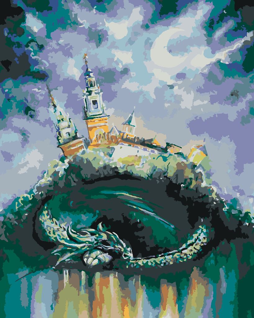 zuty Malování podle čísel - DRAK SPÍCÍ POD ZÁMKEM - Rozměr: 40x50 cm, Rámování: Varianta: bez rámu a bez vypnutí plátna - obrázek 5