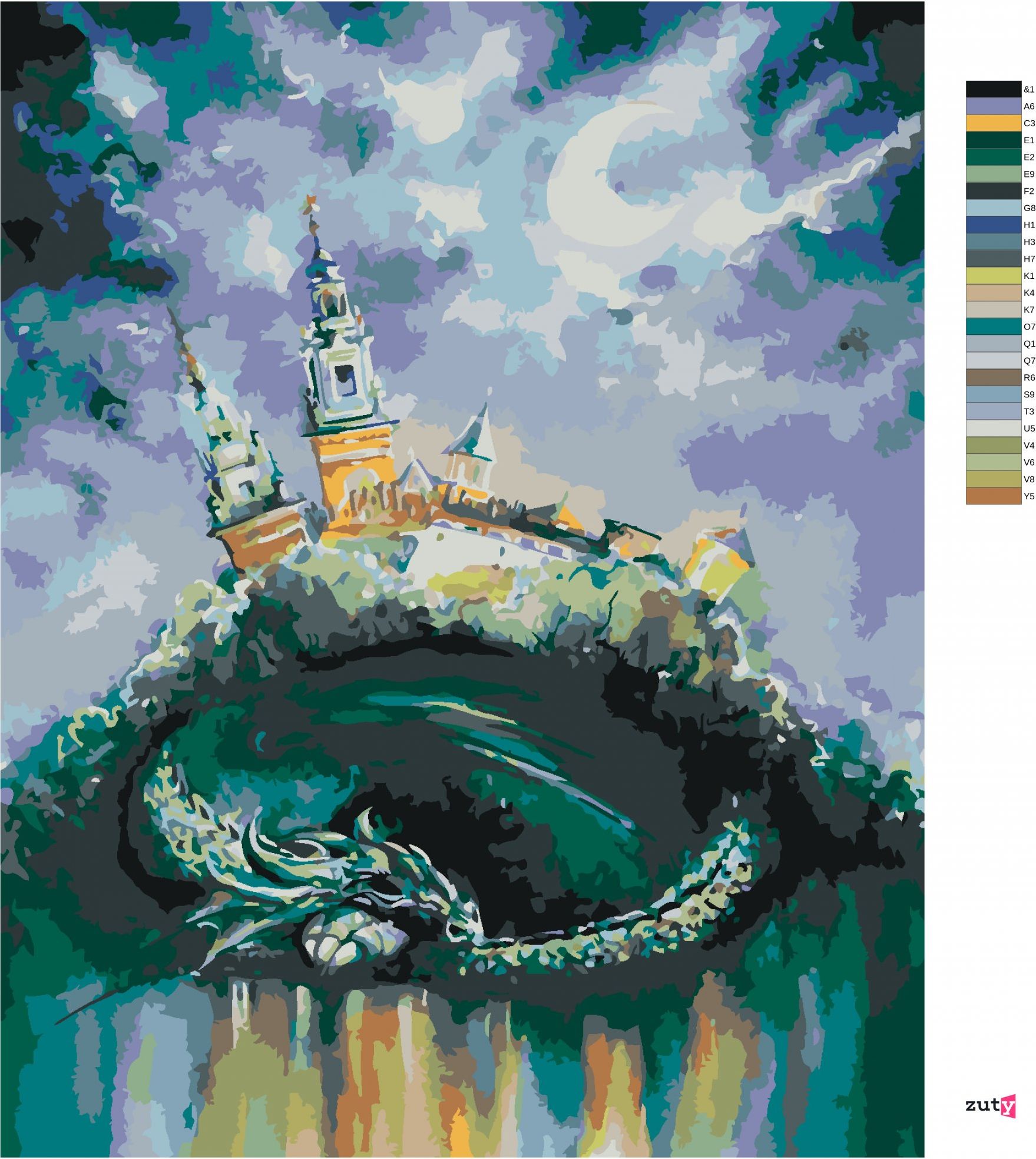 zuty Malování podle čísel - DRAK SPÍCÍ POD ZÁMKEM - Rozměr: 40x50 cm, Rámování: Varianta: vypnuté plátno na rám - obrázek 7