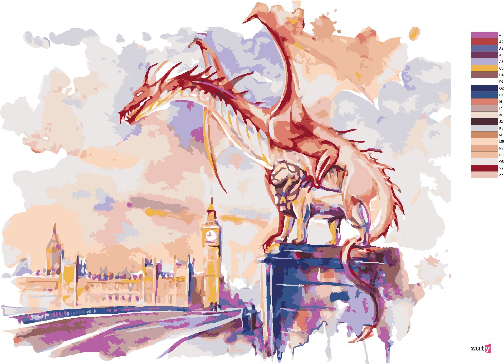 zuty Malování podle čísel - DRAK SEDÍCÍ NA WESTMINSTERSKÉM MOSTĚ V LONDÝNĚ - Rozměr: 40x50 cm, Rámování: Varianta: vypnuté plátno na rám - obrázek 6