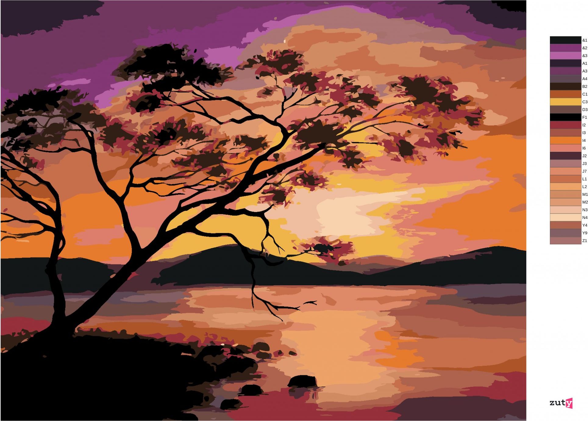 zuty Malování podle čísel - BAREVNÝ ZÁPAD SLUNCE NAD PŘEHRADOU - Rozměr: 40x50 cm, Rámování: Varianta: bez rámu a bez vypnutí plátna - obrázek 3