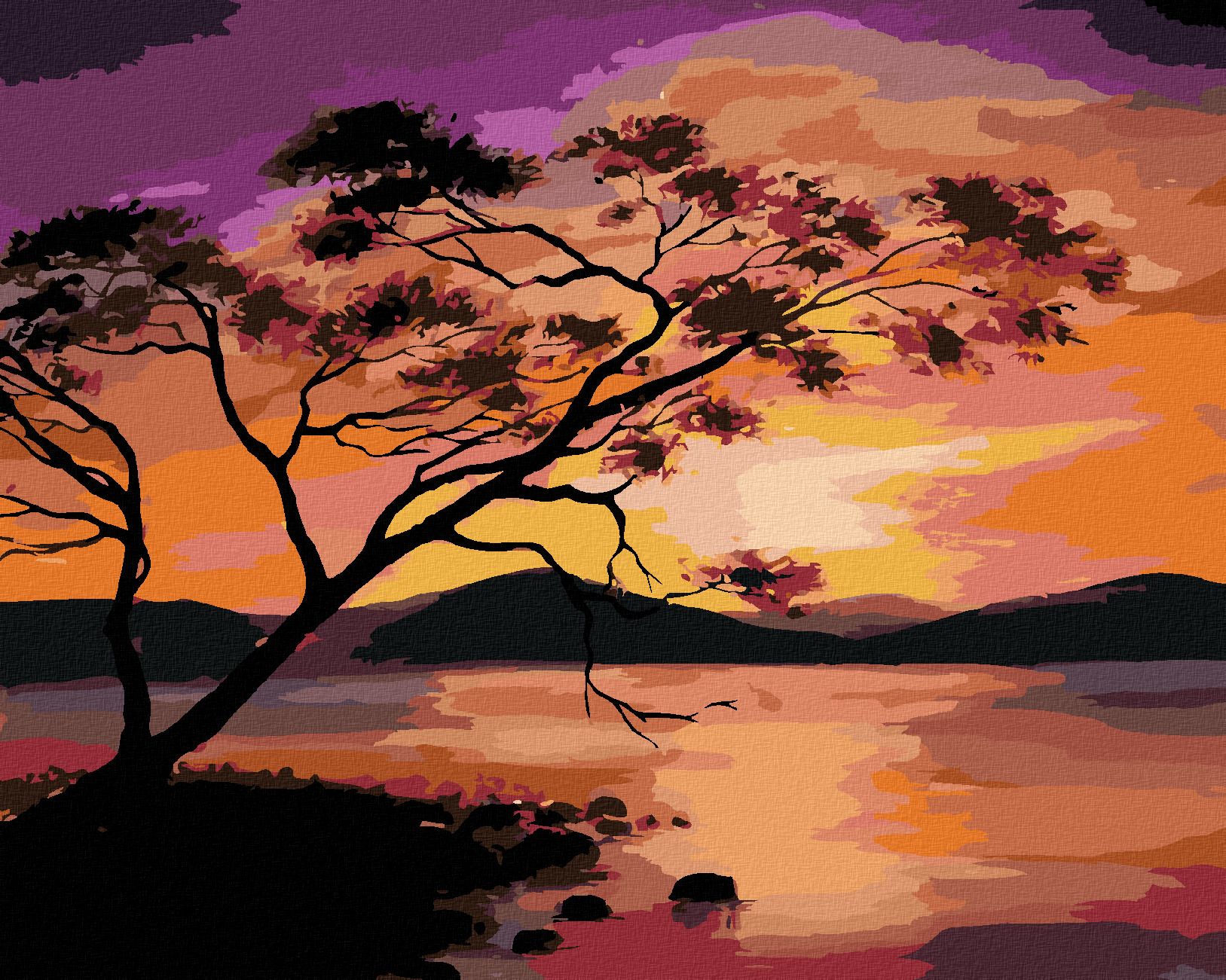 zuty Malování podle čísel - BAREVNÝ ZÁPAD SLUNCE NAD PŘEHRADOU - Rozměr: 40x50 cm, Rámování: Varianta: vypnuté plátno na rám - obrázek 1