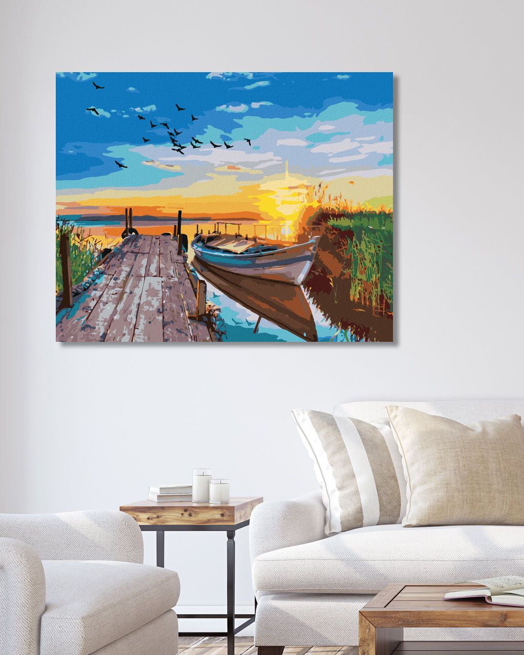 zuty Malování podle čísel - ZÁPAD SLUNCE NAD JEZEREM S LOĎKOU - Rozměr: 40x50 cm, Rámování: Varianta: vypnuté plátno na rám - obrázek 5