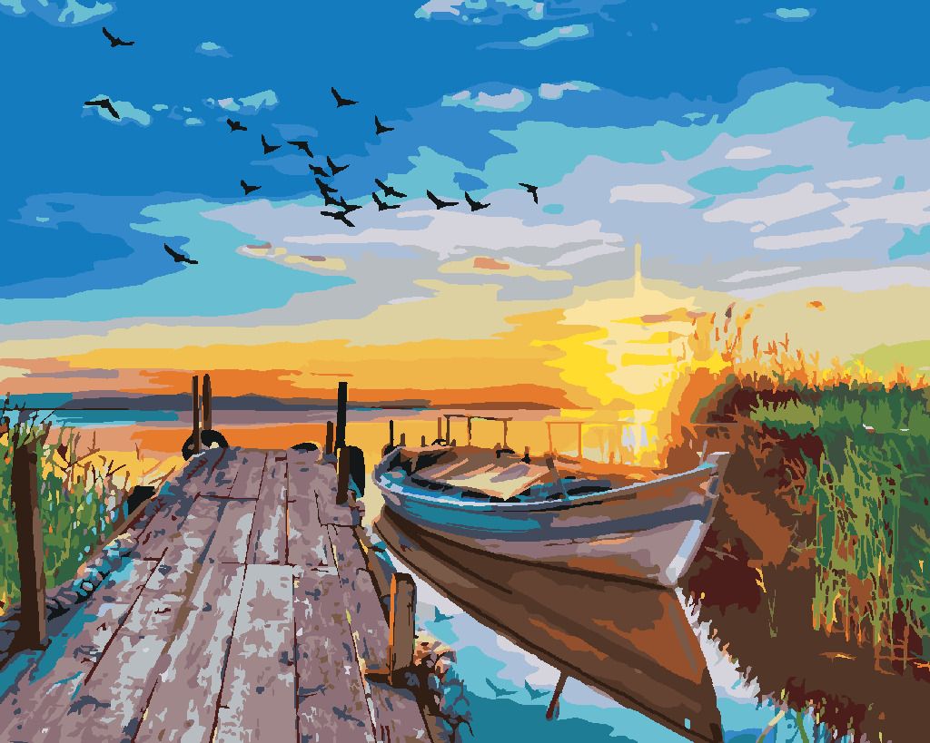 zuty Malování podle čísel - ZÁPAD SLUNCE NAD JEZEREM S LOĎKOU - Rozměr: 40x50 cm, Rámování: Varianta: vypnuté plátno na rám - obrázek 6