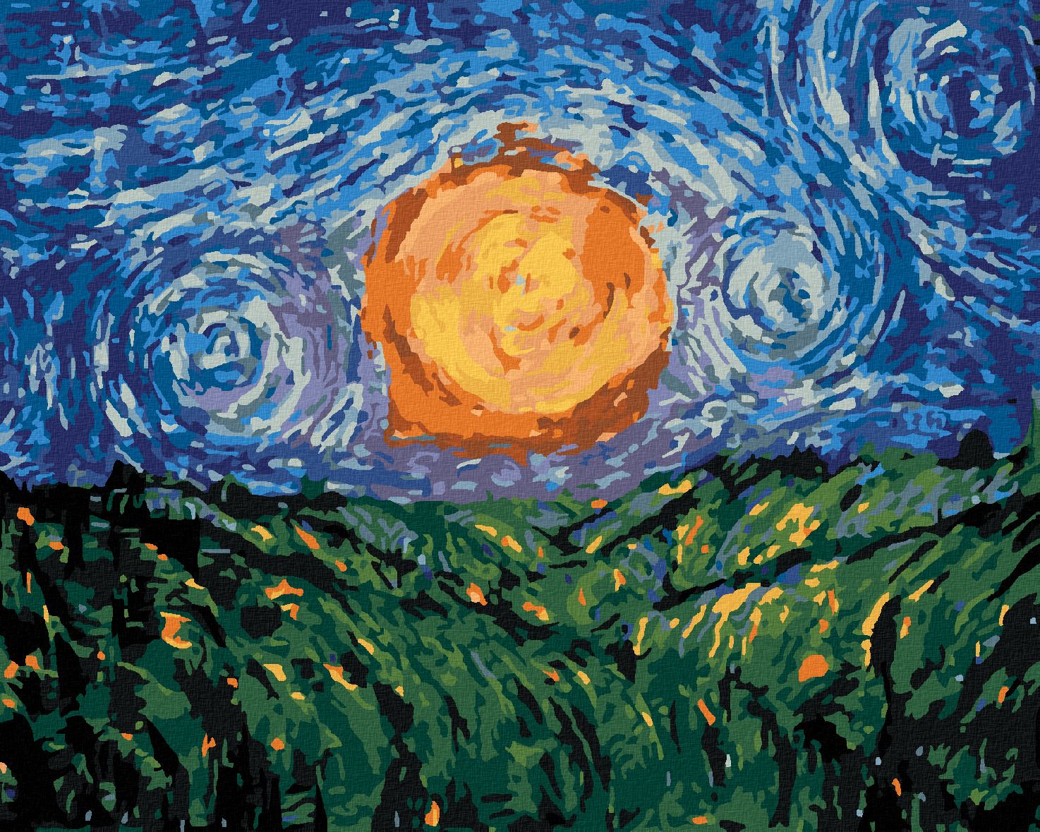 zuty Malování podle čísel - SLUNCE NA OBLOZE PODLE VAN GOGHA - Rozměr: 40x50 cm, Rámování: Varianta: bez rámu a bez vypnutí plátna - obrázek 1