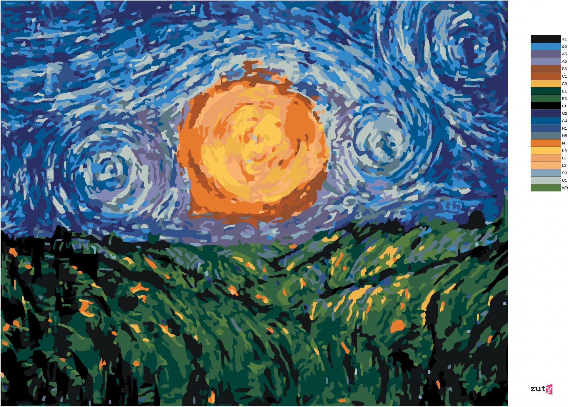 zuty Malování podle čísel - SLUNCE NA OBLOZE PODLE VAN GOGHA - Rozměr: 40x50 cm, Rámování: Varianta: bez rámu a bez vypnutí plátna - obrázek 4