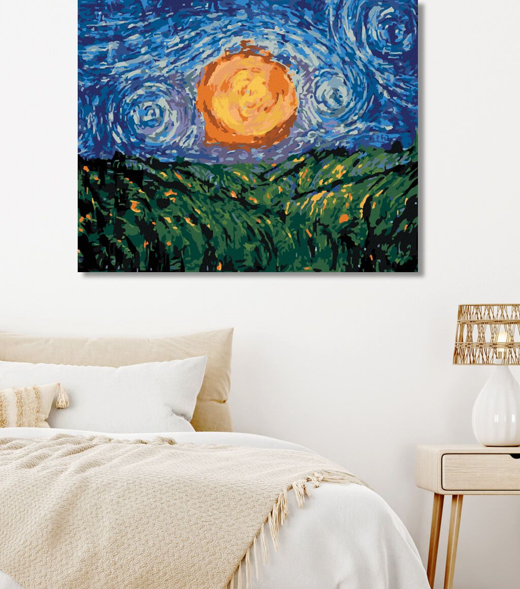 zuty Malování podle čísel - SLUNCE NA OBLOZE PODLE VAN GOGHA - Rozměr: 40x50 cm, Rámování: Varianta: bez rámu a bez vypnutí plátna - obrázek 6