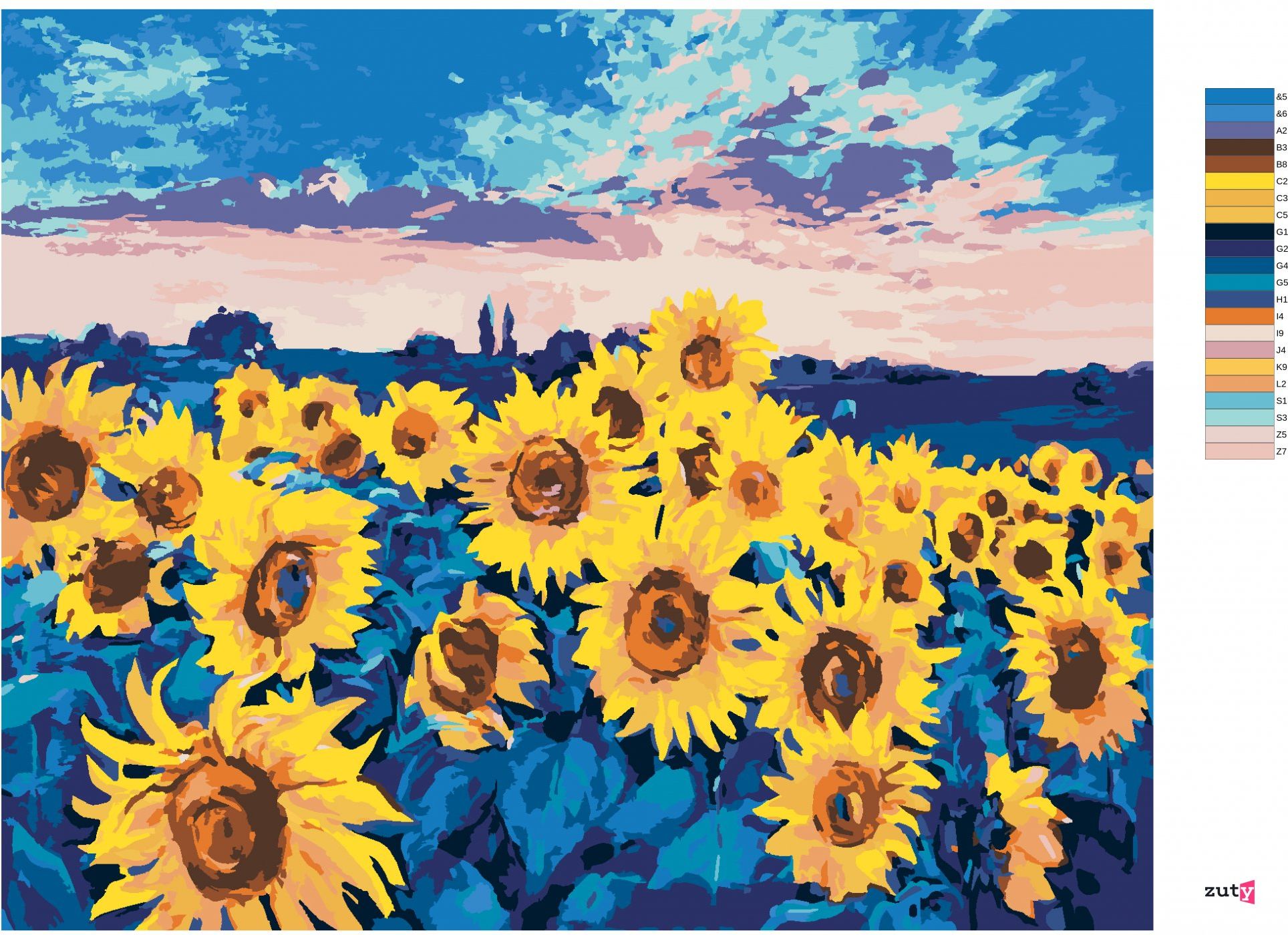 zuty Malování podle čísel - SLUNEČNICE NA POLI - Rozměr: 40x50 cm, Rámování: Varianta: bez rámu a bez vypnutí plátna - obrázek 7