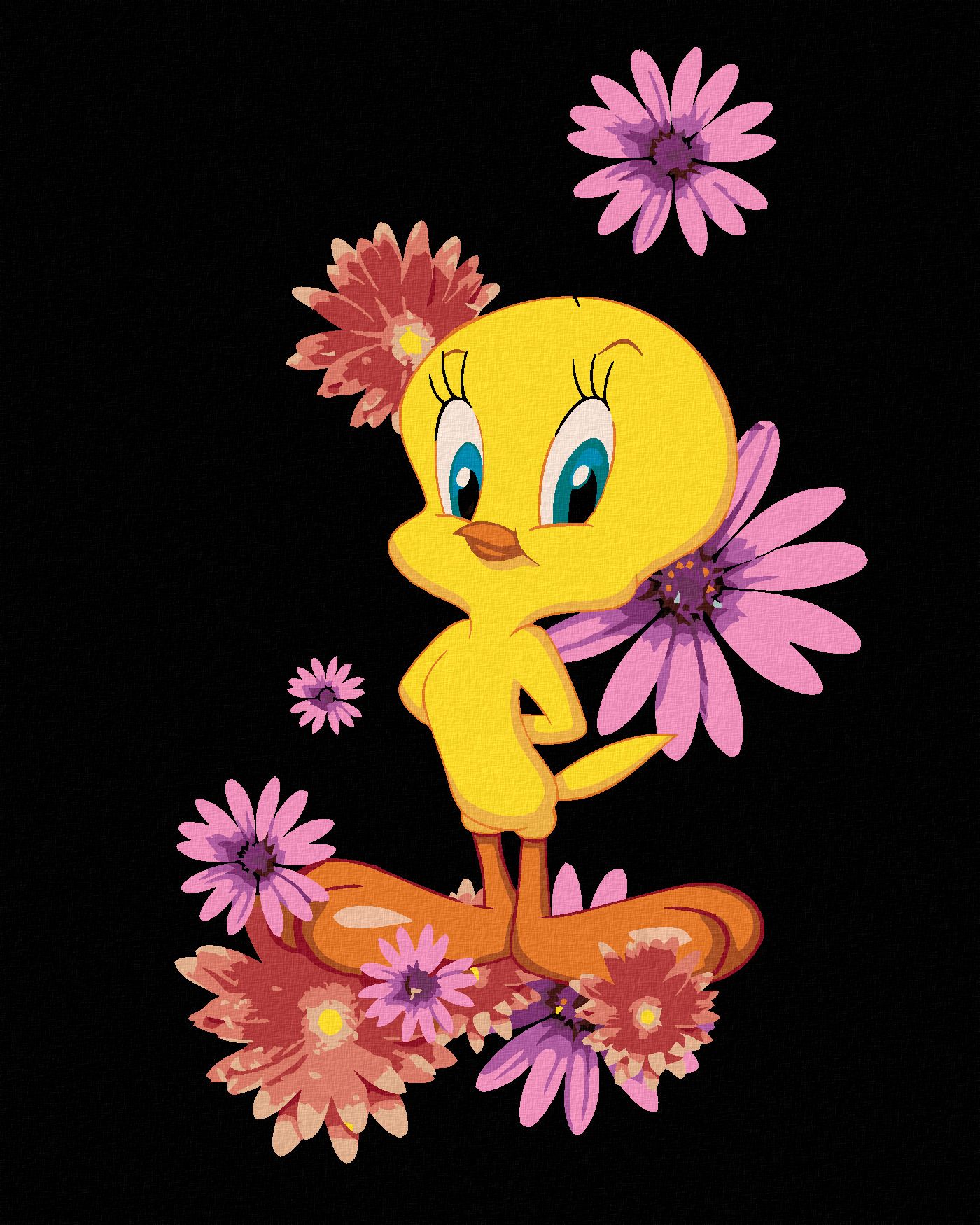 zuty Malování podle čísel - TWEETY A RŮŽOVÉ KVĚTINY (LOONEY TUNES) - Rozměr: 40x50 cm, Rámování: Varianta: bez rámu a bez vypnutí plátna - obrázek 1
